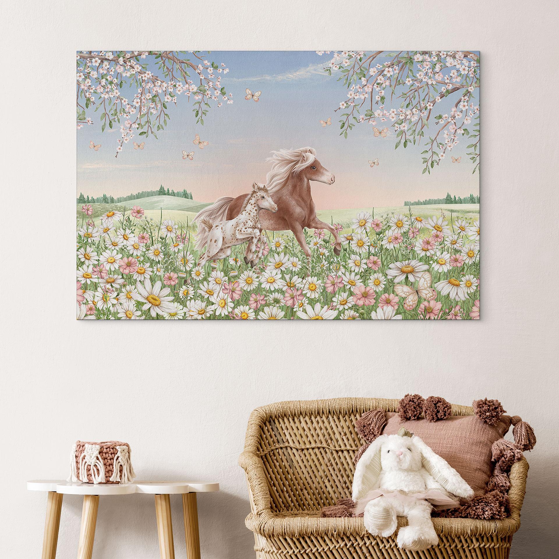 Billede Heste i blomsterengen - Kikki Belle – print på aluminium (Alu-Dibond)