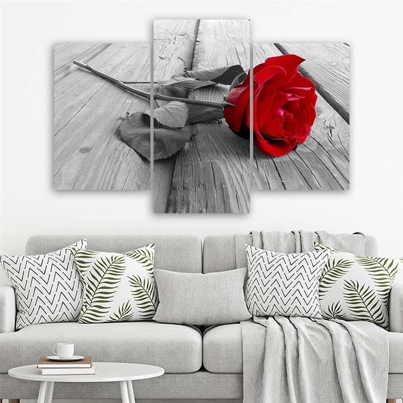 3-delige canvas print, roze bloemen houten brug