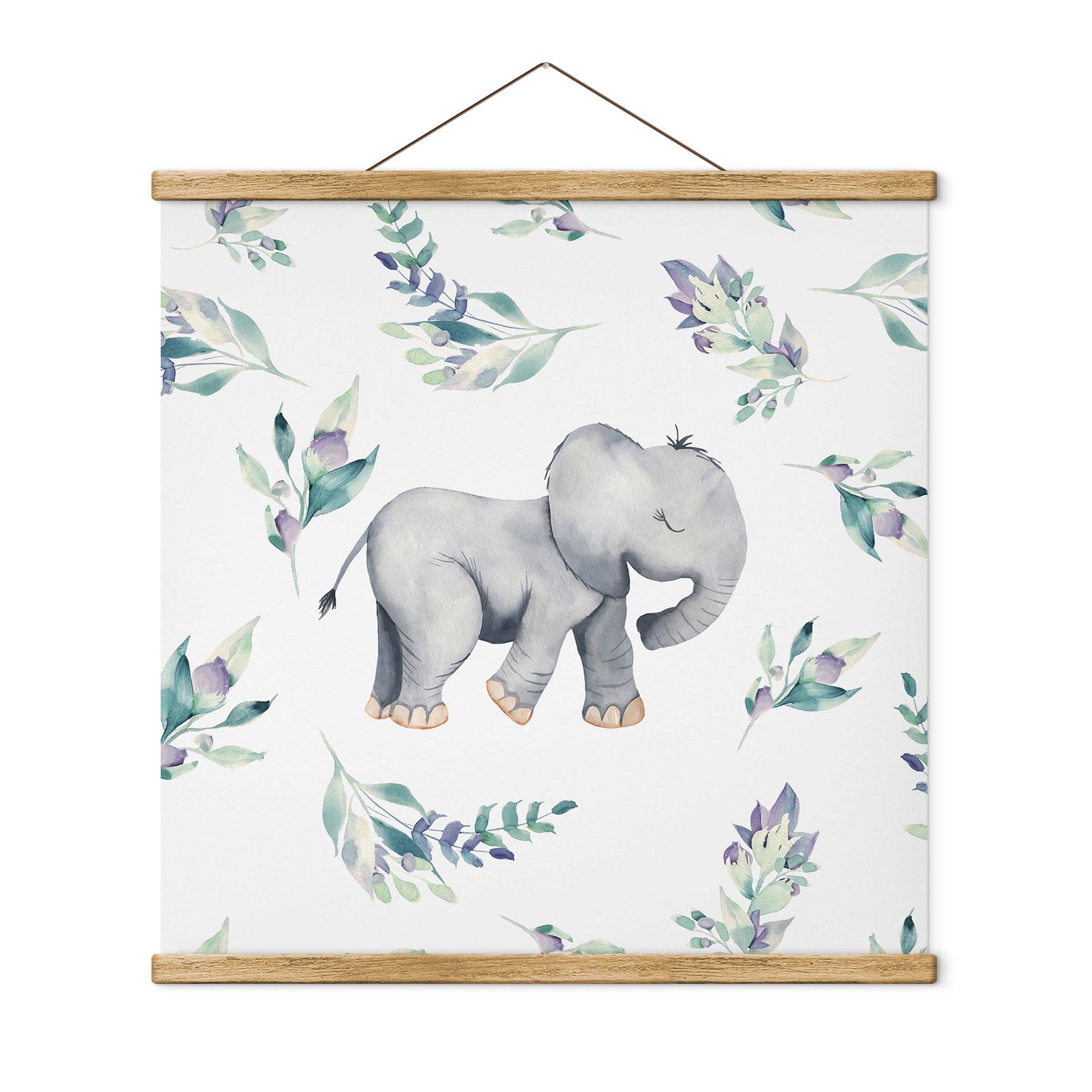 Tekstil plakat Sød babyelefant mellem boho-grene - UN Designs - Square