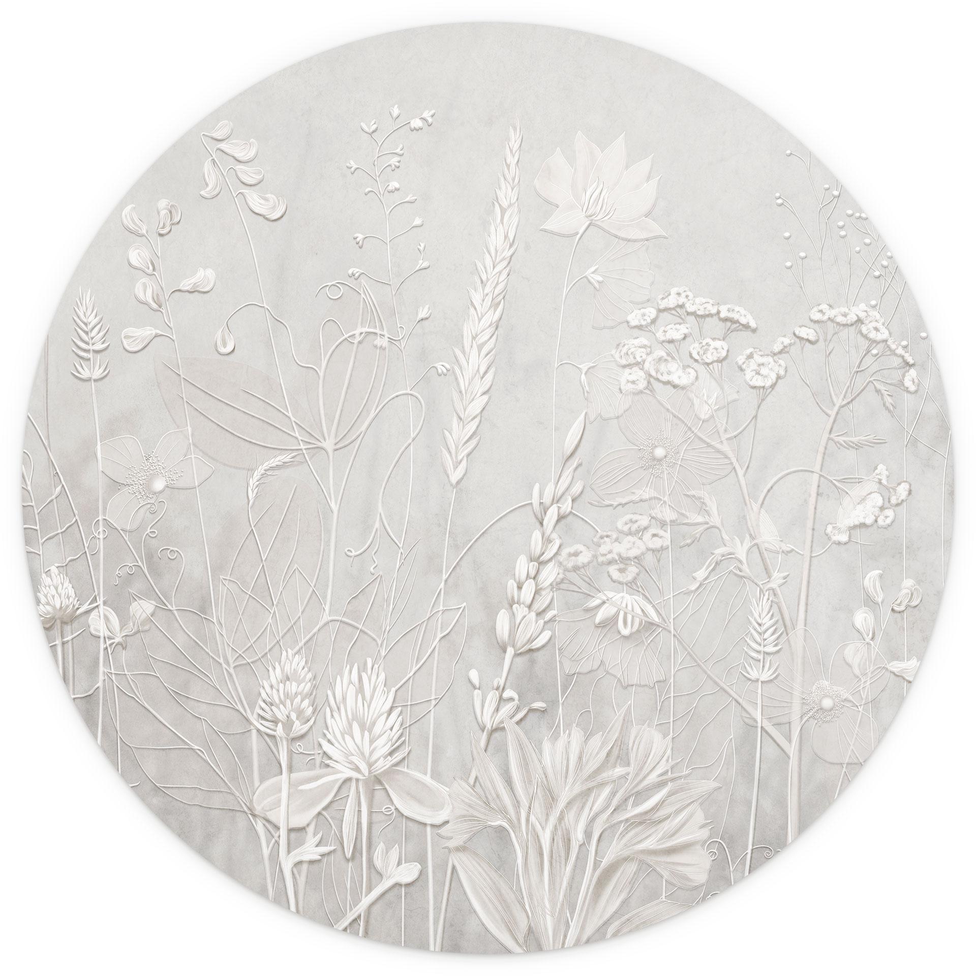 Fotobehang met bloemenreliëf - Planten in wit in een modern ontwerp - Ms Tiff - Rond - Zelfklevend/n