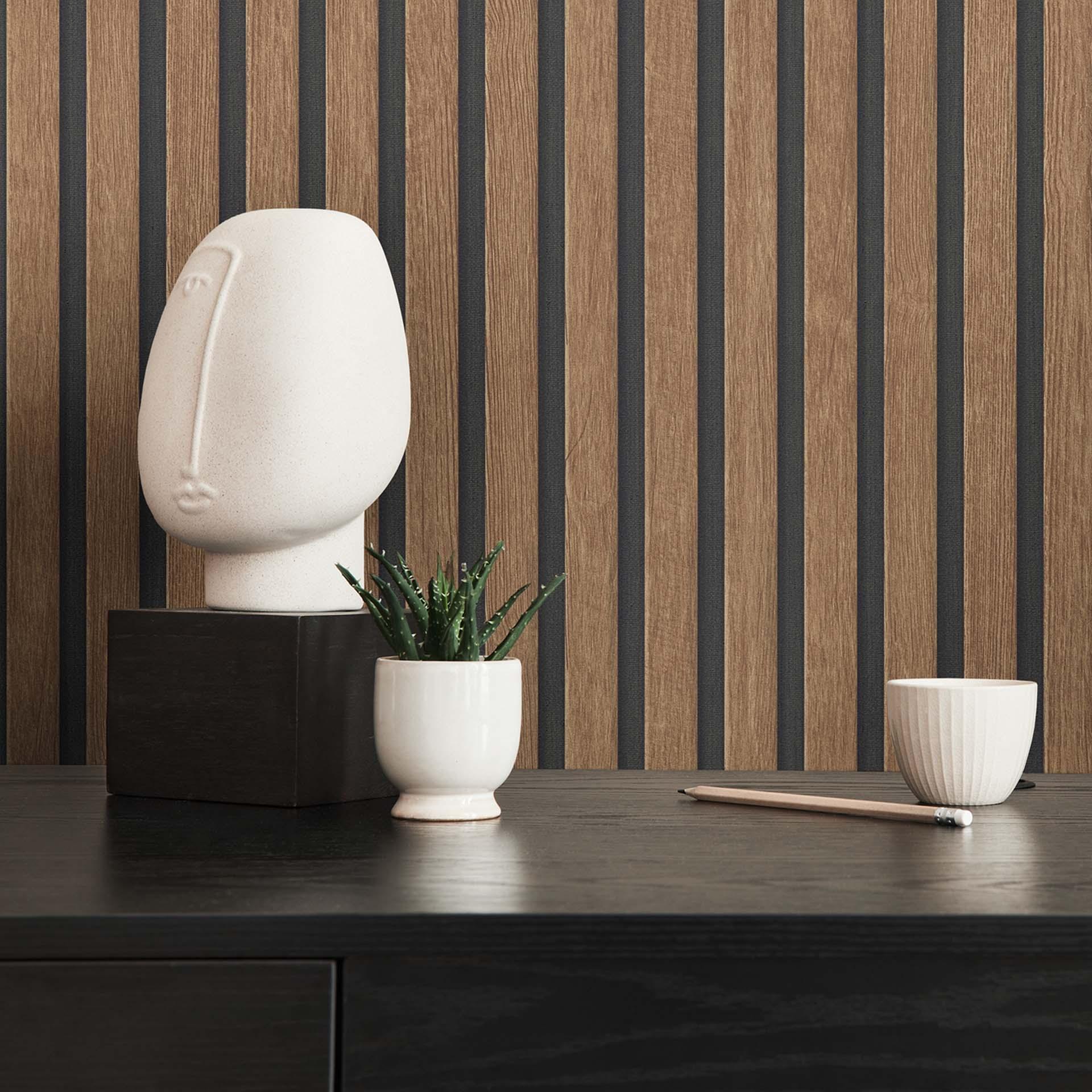 Papel pintado efecto madera marrón no tejido 3D paneles madera escandinavo moderno