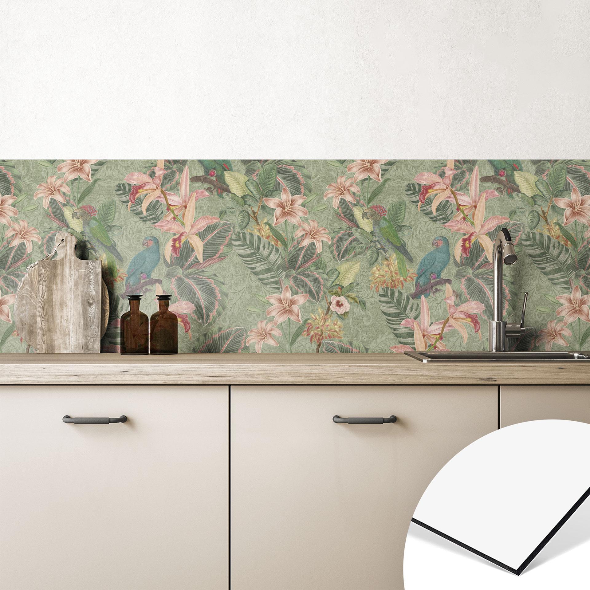 Stænkplade til køkken jungle med papegøjer grøn - Bloomery Decor