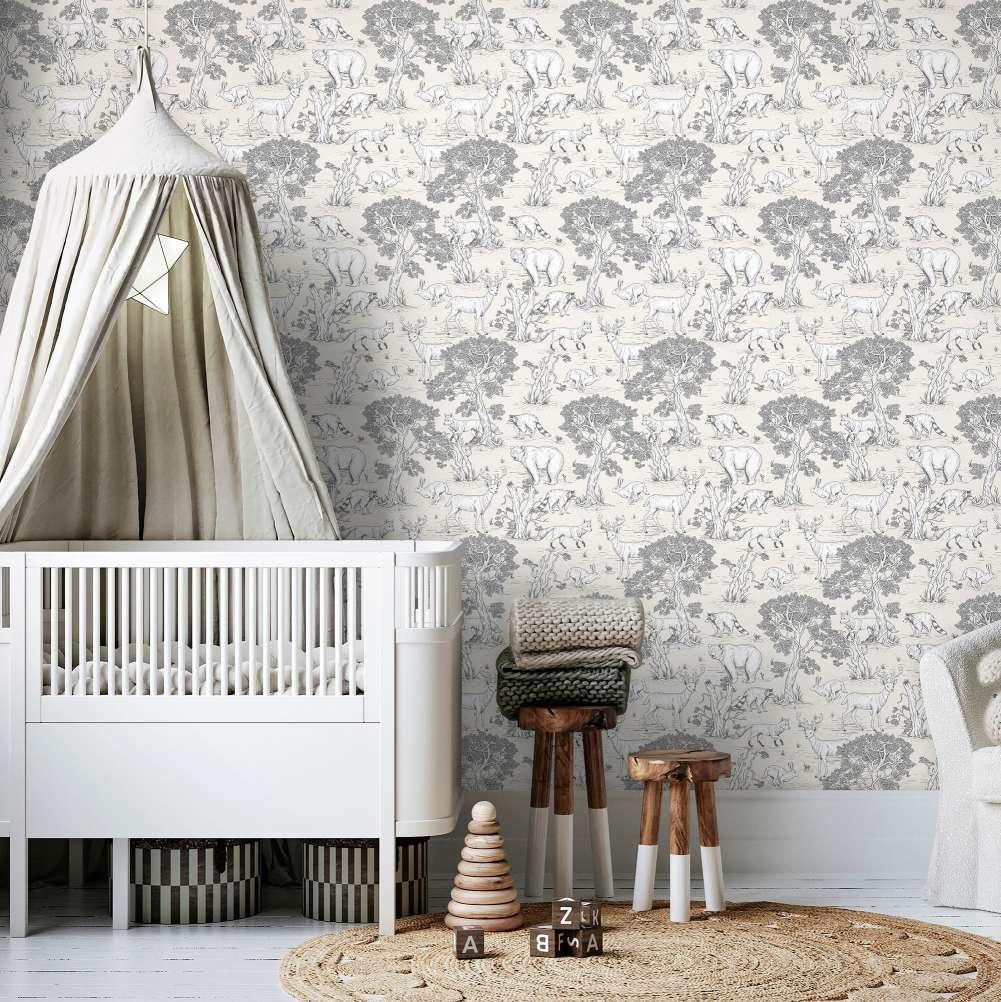 Børnetapet, non-woven tapet med illustration Kids Walls beige, hvid