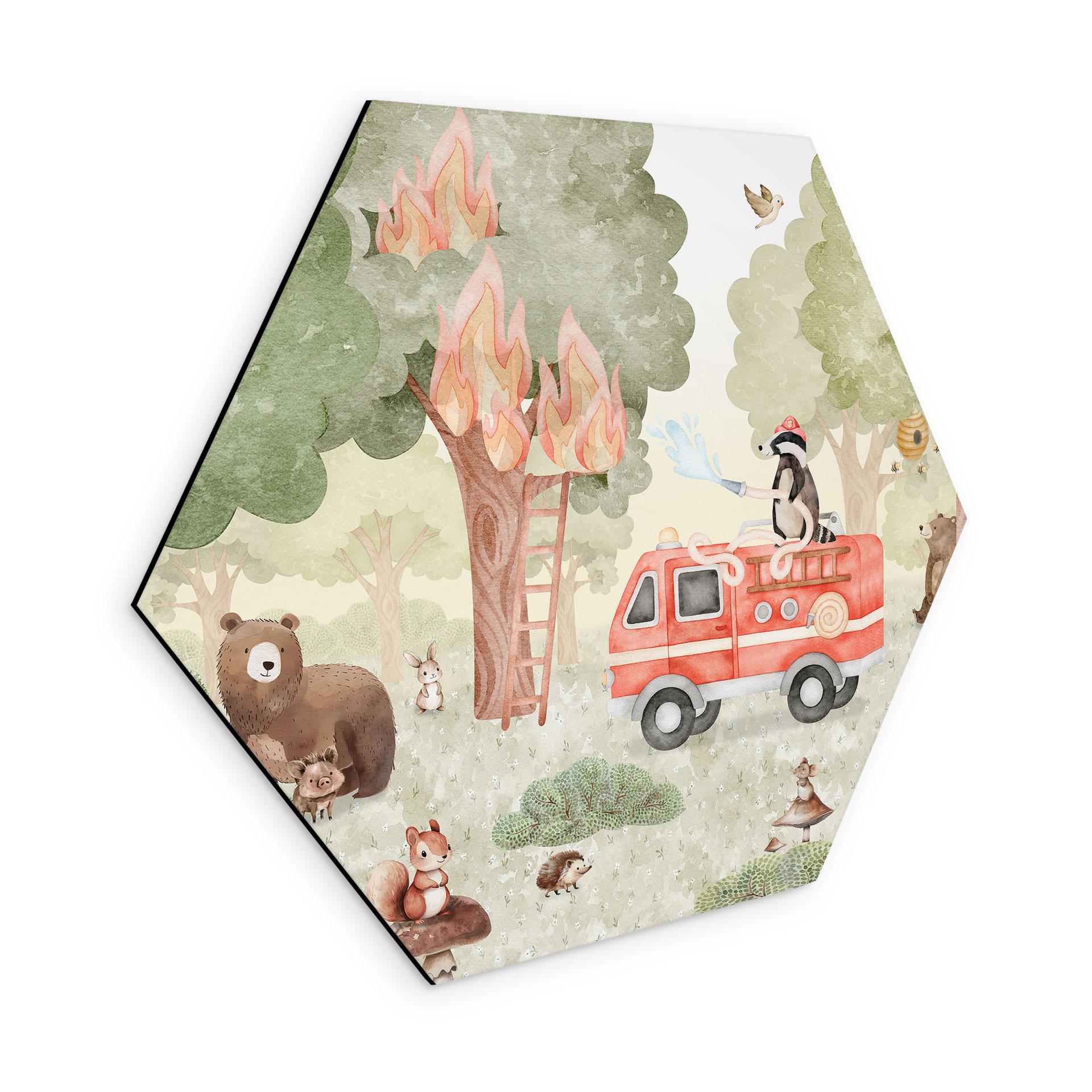 Hexagon Wanddecoratie Dieren Brandweer in het Bos - Oliver Robins - Alu-Dibond