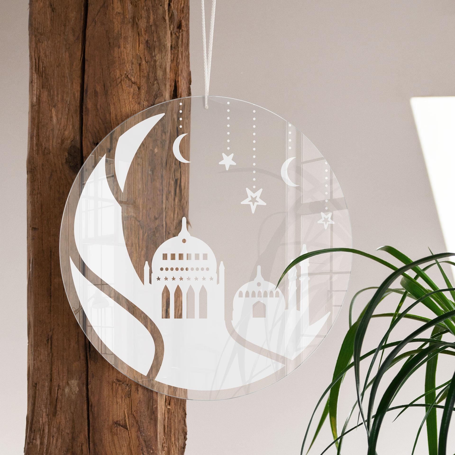 Akrylglasbillede, vinduesbillede til ophængning Ramadan Kareem - Månesilhuet - Rund
