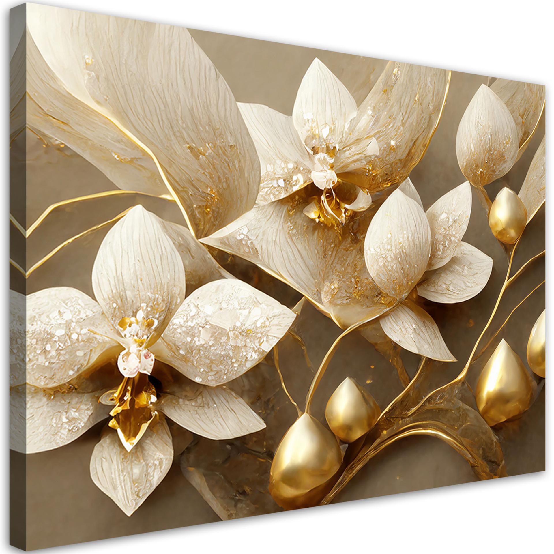 Canvasbillede, 3D blomster glamour guld