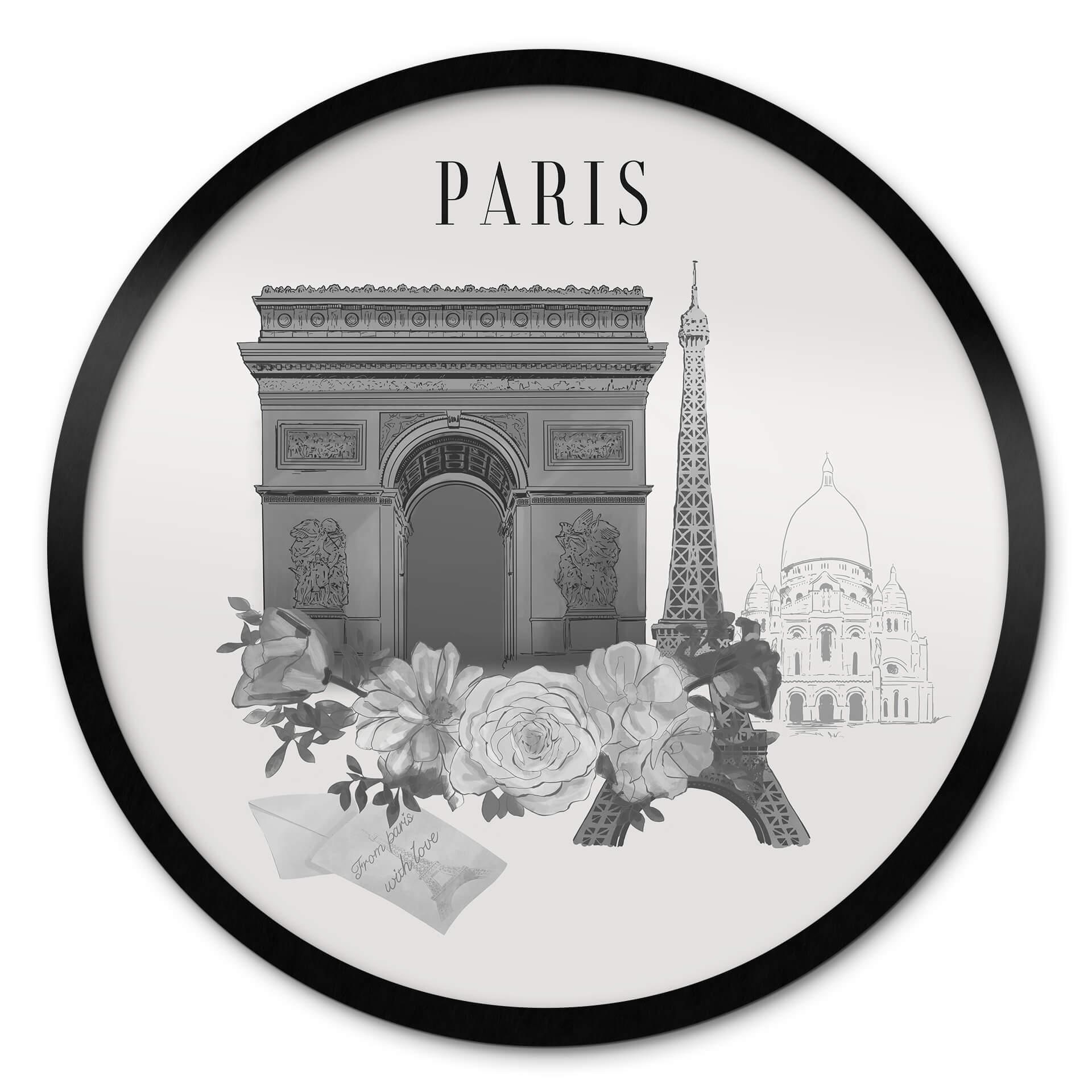 Love your City - Paris schwarz-weiß Poster Rund Zeichnung