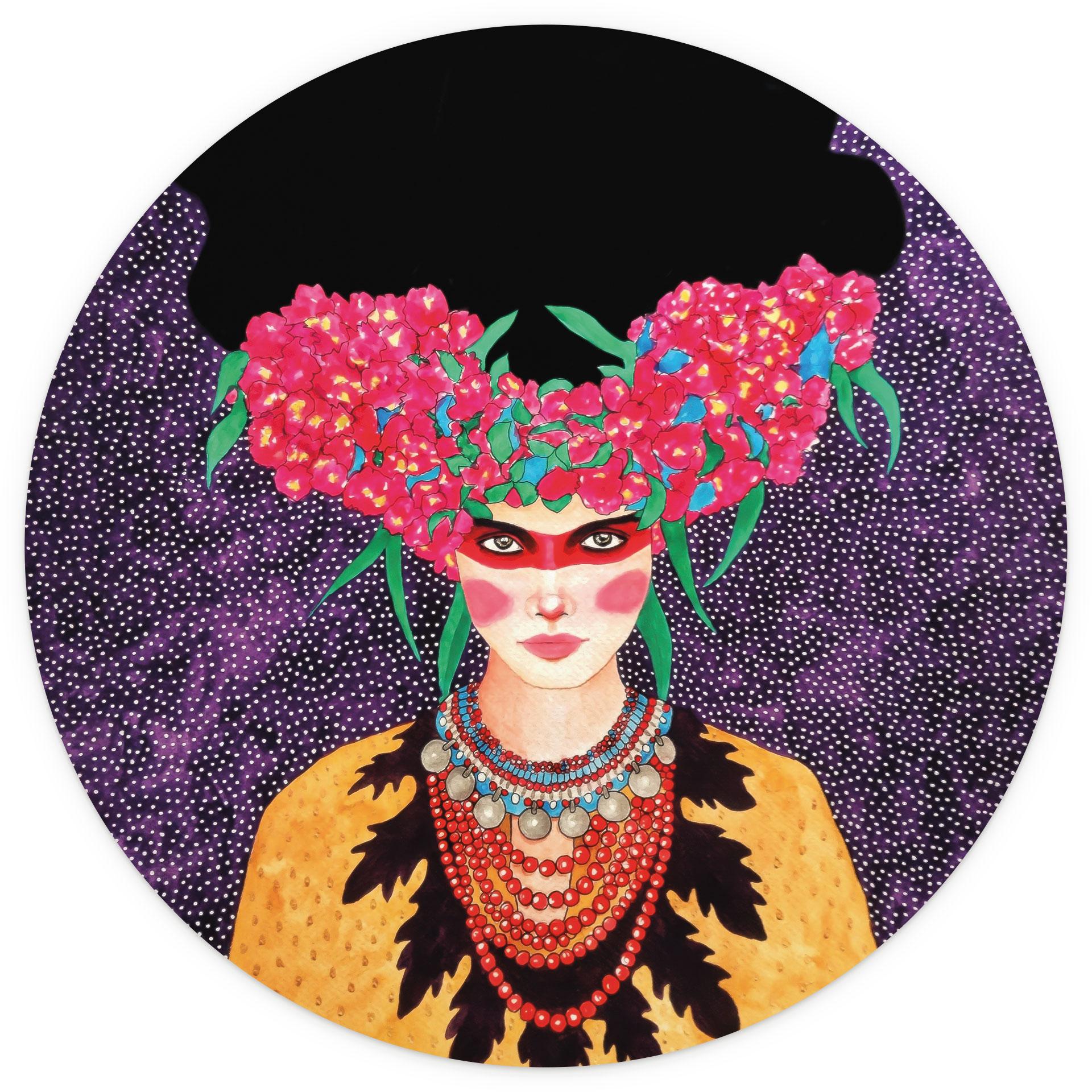 Fotobehang Vrouw met bloemenkrans en stijfsel - Hülya - Rond - Zelfklevend/niet-geweven