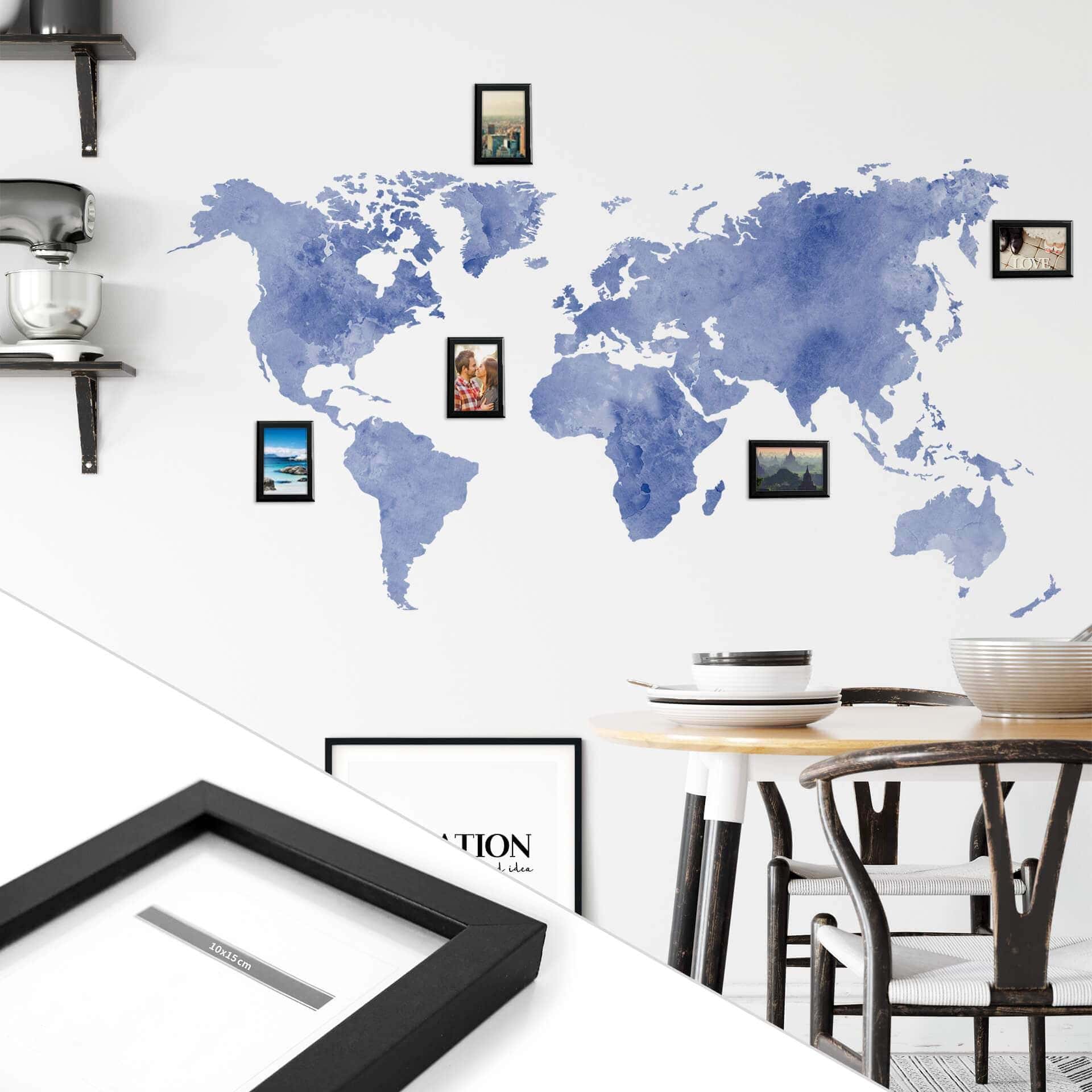 Sticker mural Mappemonde (Bleu) + 5 cadres photo