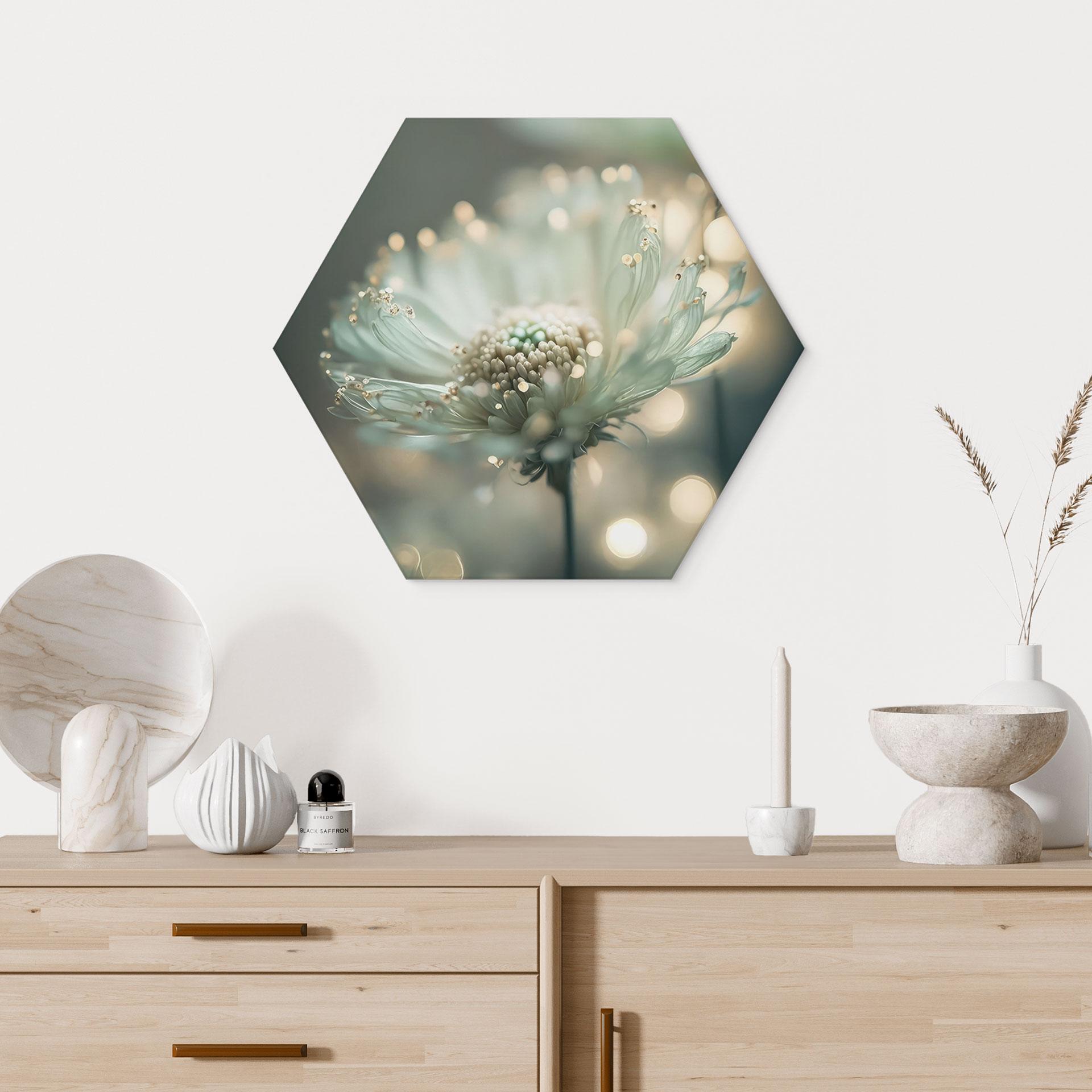 Sekskantet billede Delikat glitrende blomster - Treechild - Aluminium dibond