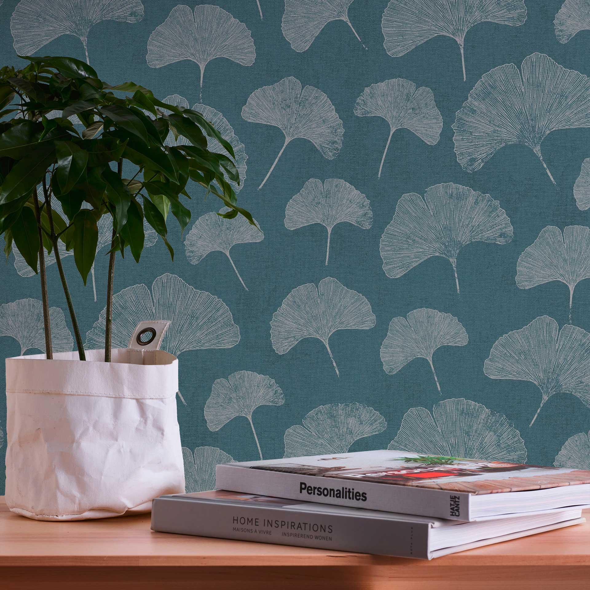 Papel pintado Hoja azul blanco - papel pintado no tejido floral - papel pintado salon dormitorio oficina