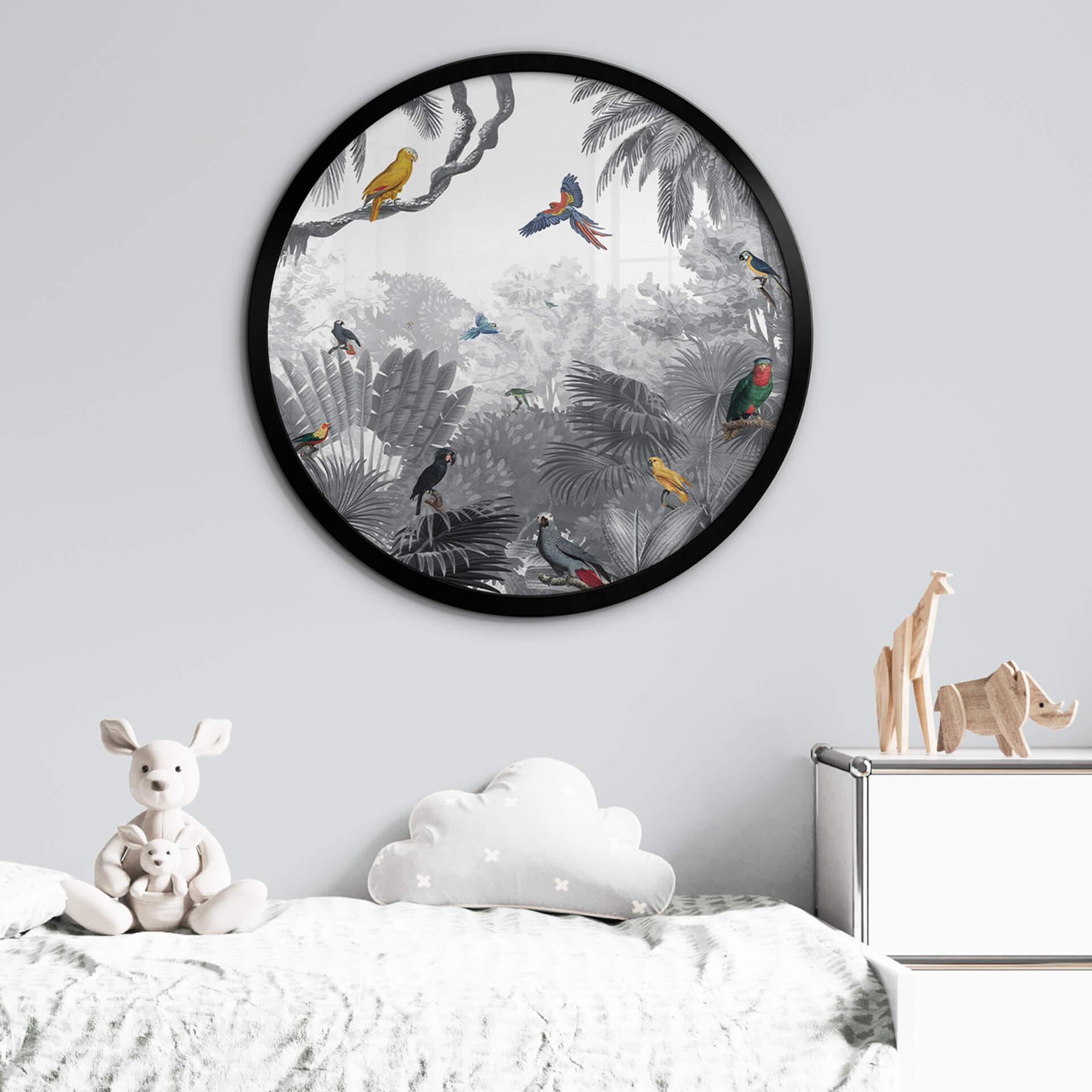 Poster Kikki Belle - Tropische Vögel schwarz-weiß - Rund
