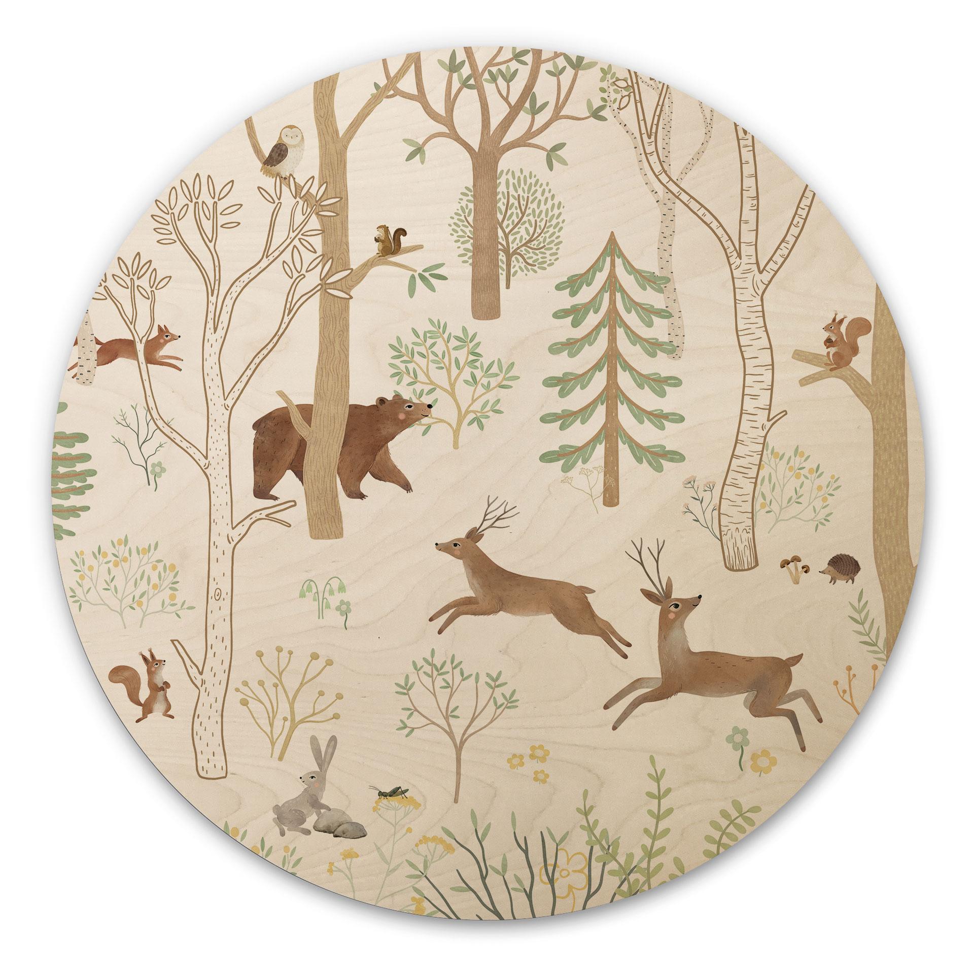 Houten Wanddecoratie Vrolijk Bosleven met Dieren - Oliver Robins - Rond