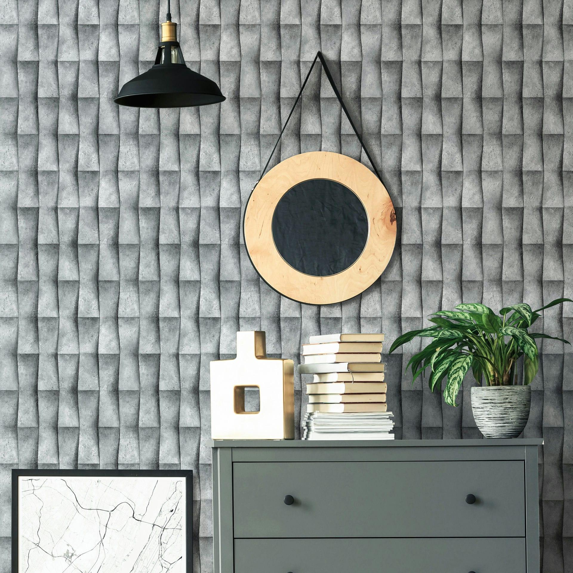 Non-woven tapet i gråt gipslook illusion 3D-look striber moderne industrielt look