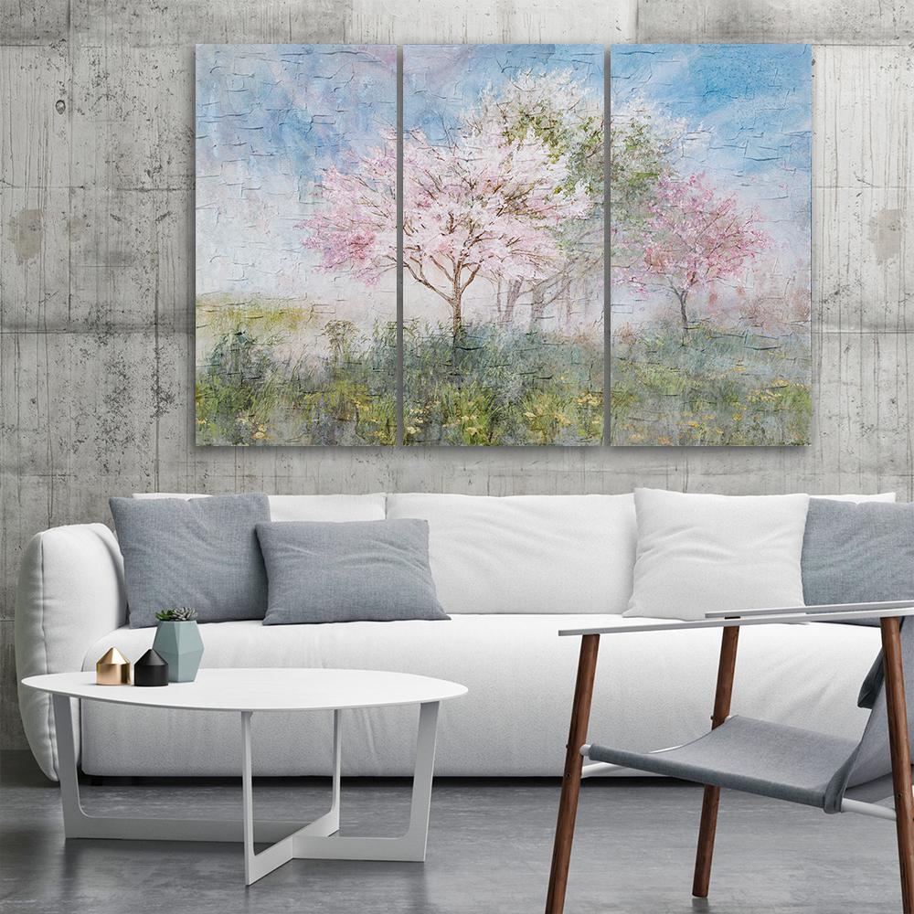 3 stykke lærredstryk, et blomstrende træ i den gamle eng
