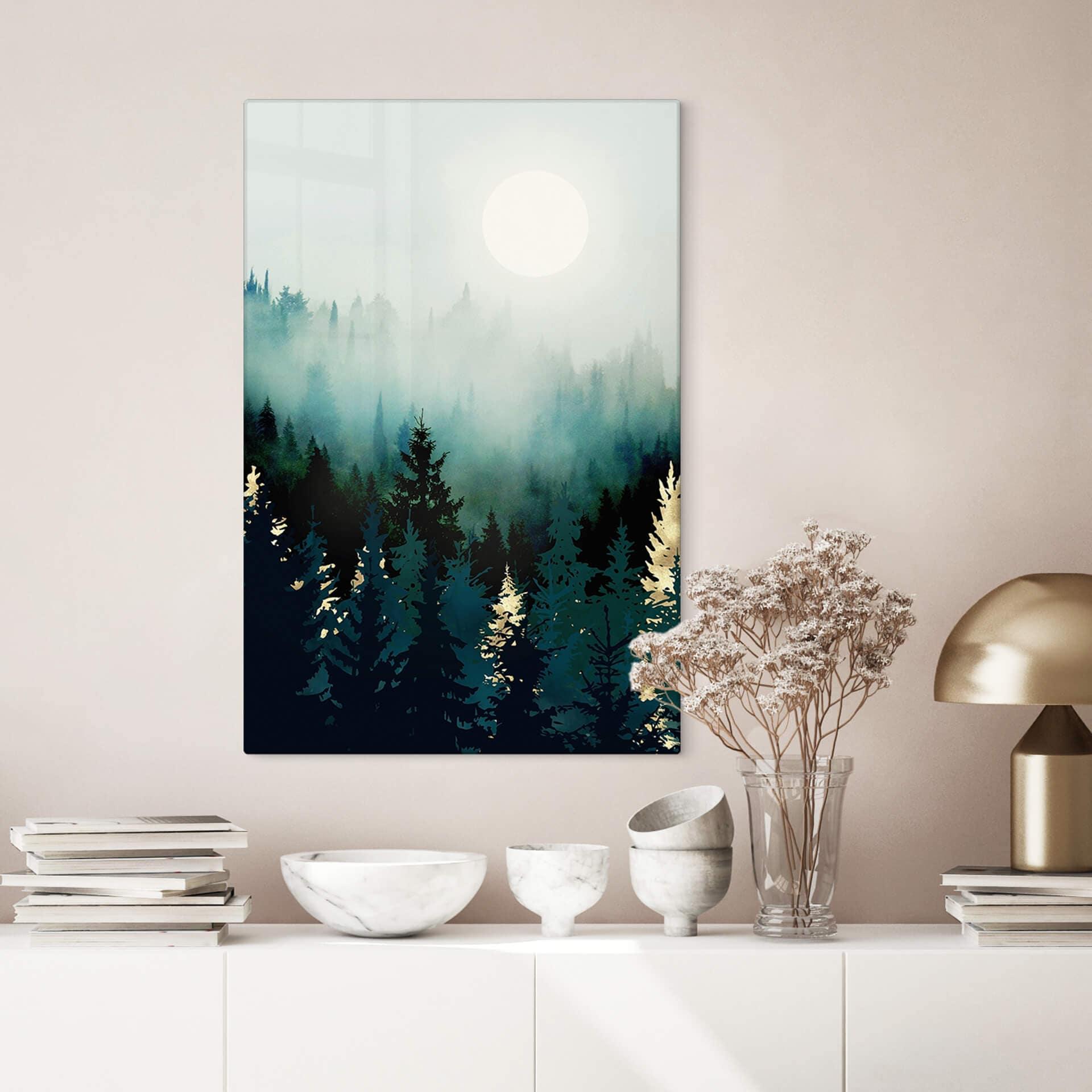 Glasschilderij SpaceFrog Designs - Mistig Bos