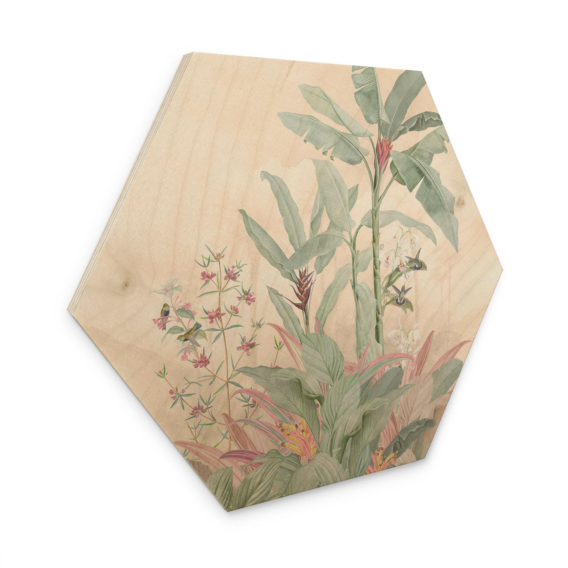 Sekskantet billede af træ tropisk idyl med kolibri abrikos - Bloomery Decor