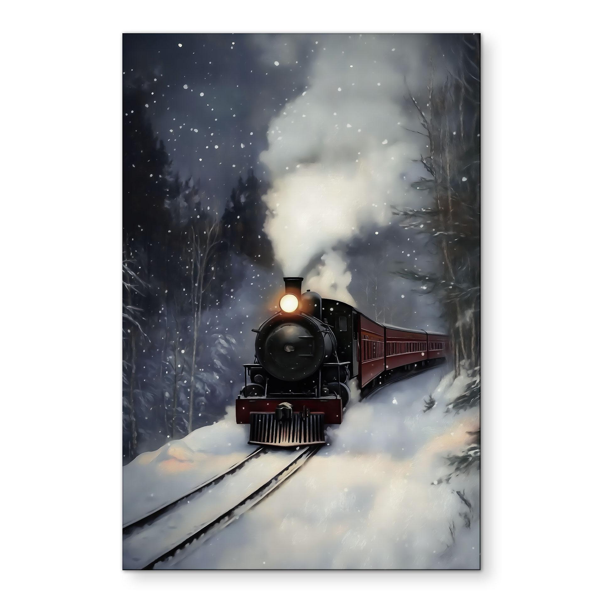 Billede af damplokomotiv i en snedækket skov - Melloi Art Prints – print på aluminium (Alu-Dibond)