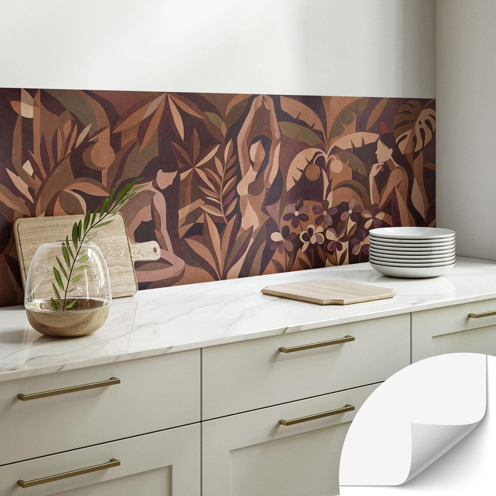 Autoadesivo Pannello da cucina Amber Veil - Donne nella foresta di foglie - Sir Edward x Grigory Gladarev