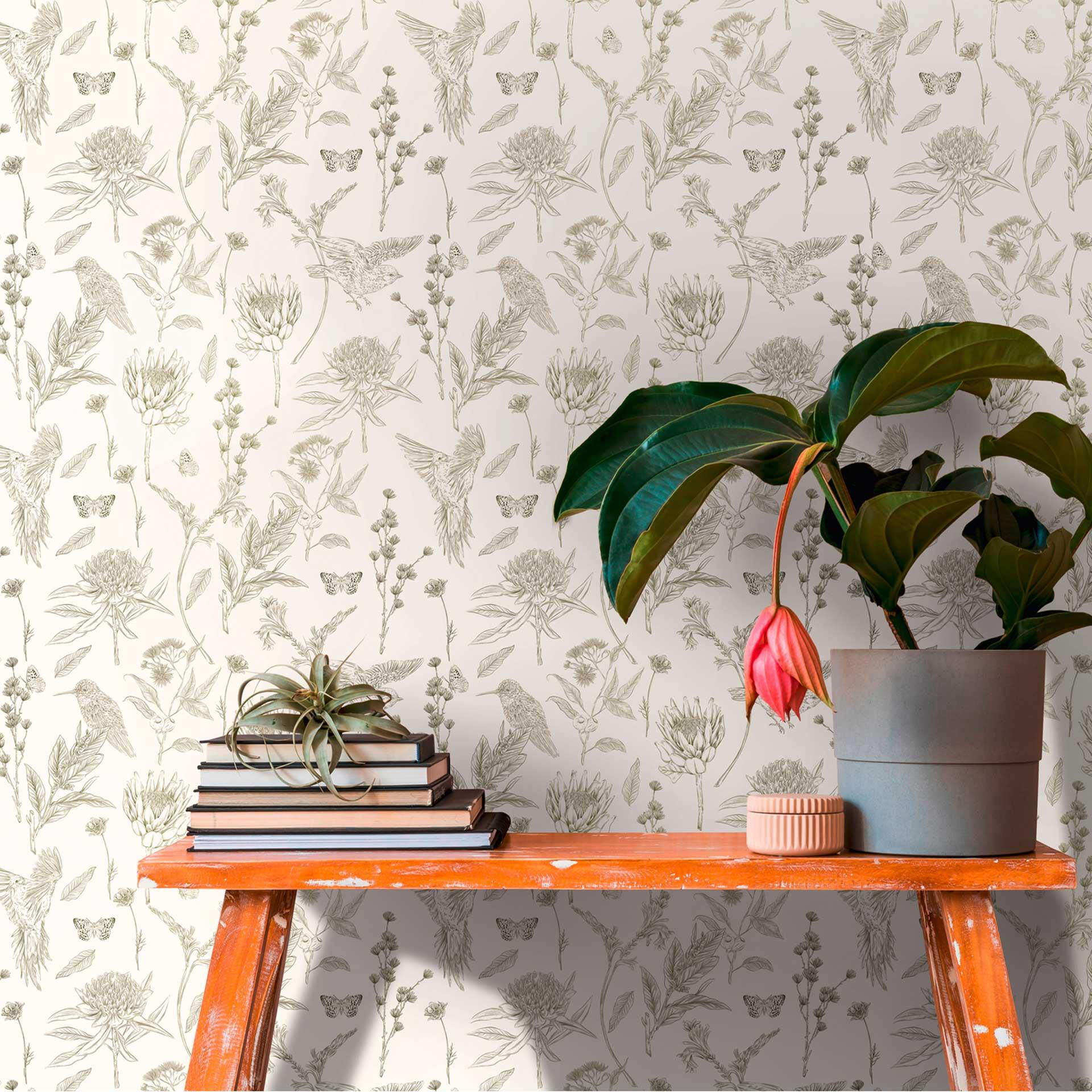 non-woven tapet med blomster og fugle hvid grøn - tapet med blomstermønster
