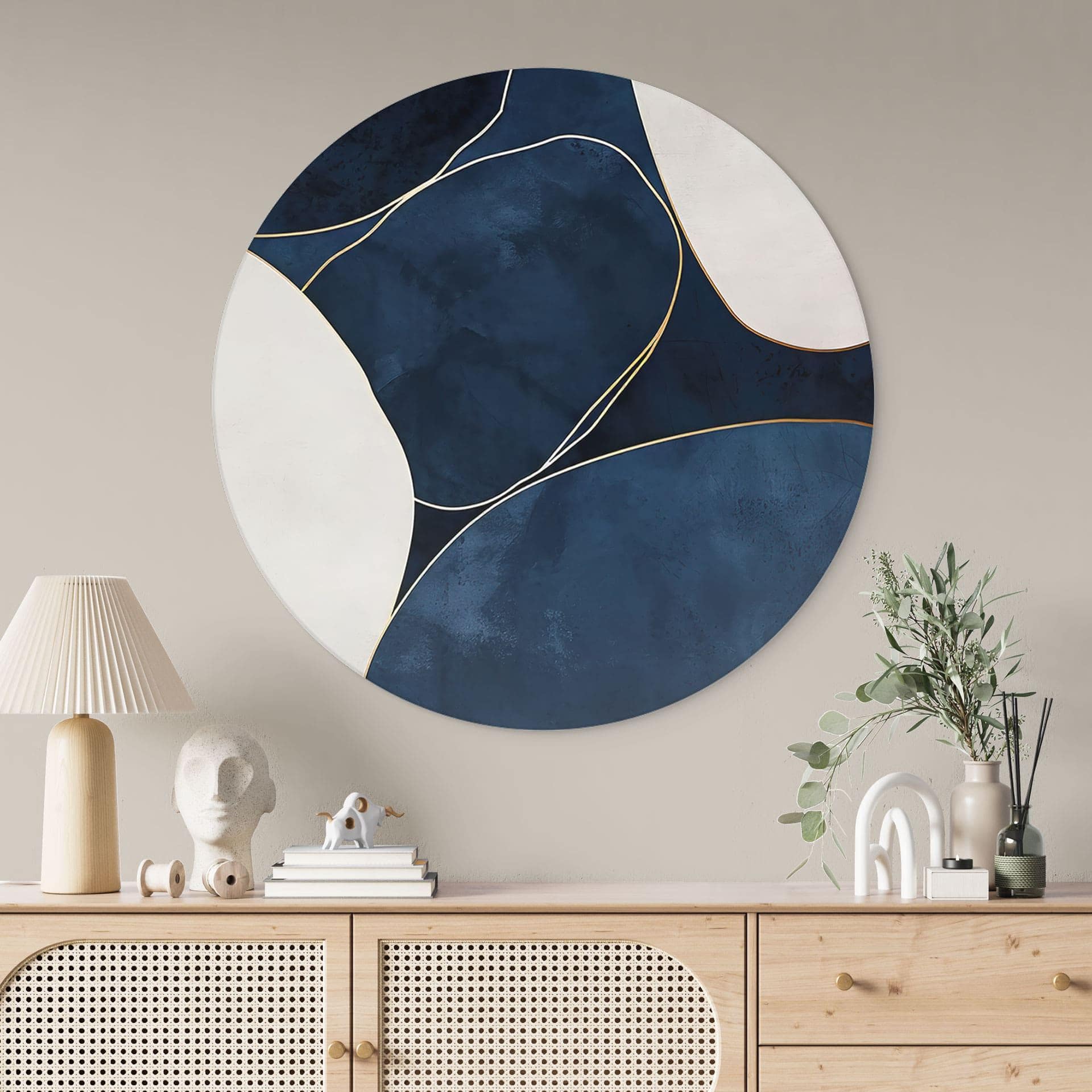Wandbild Geometrische Balance in Blau und Weiß - Paksoylu - Alu-Dibond Rund