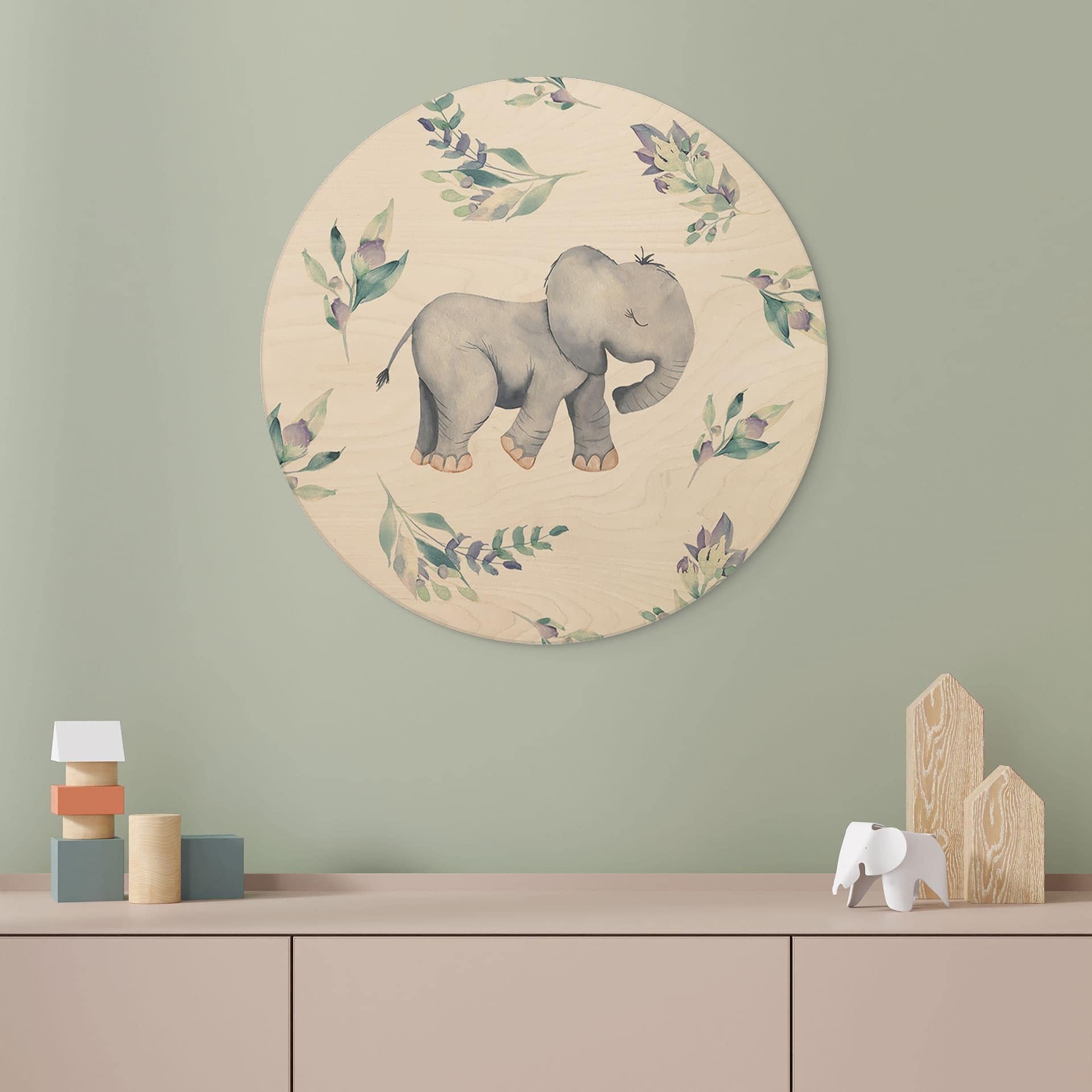 Væg cirkel træ Sød babyelefant mellem boho-grene - UN Designs