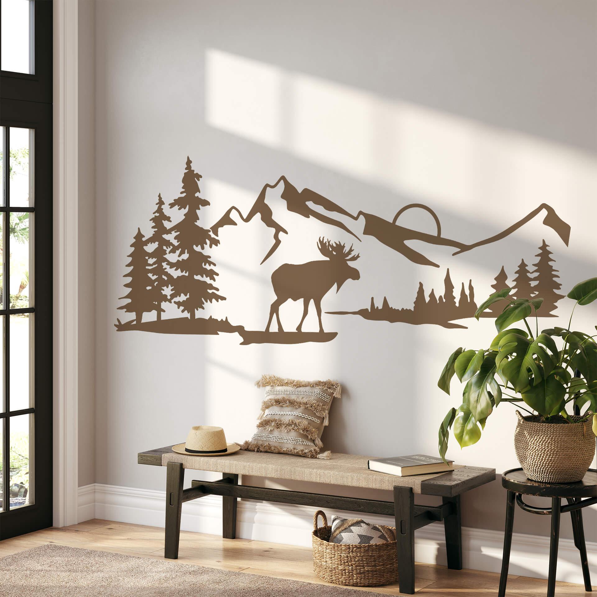 Wallsticker Elg ved solnedgang i et bjerglandskab
