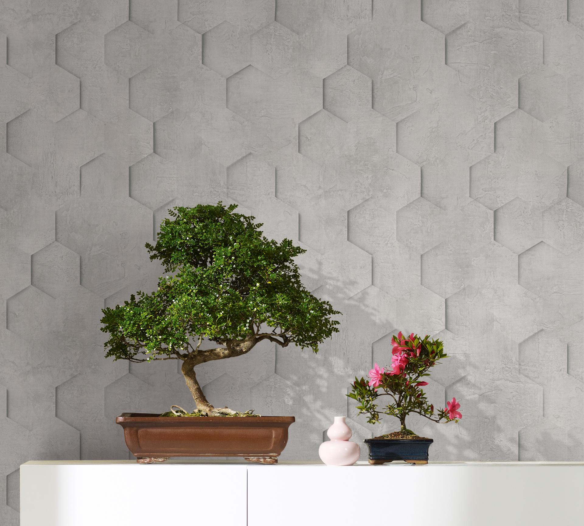 Vliesbehang met 3D honingraatmotief grijs grafisch