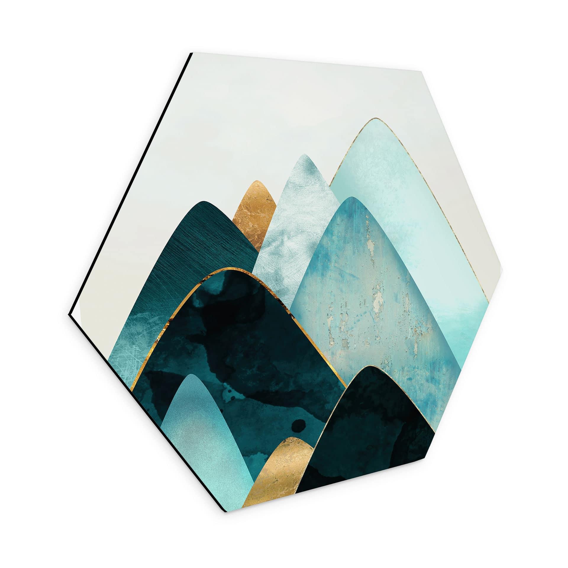 Hexagon Dibond Abstrakte bjerge i guld og blå - SpaceFrog Designs