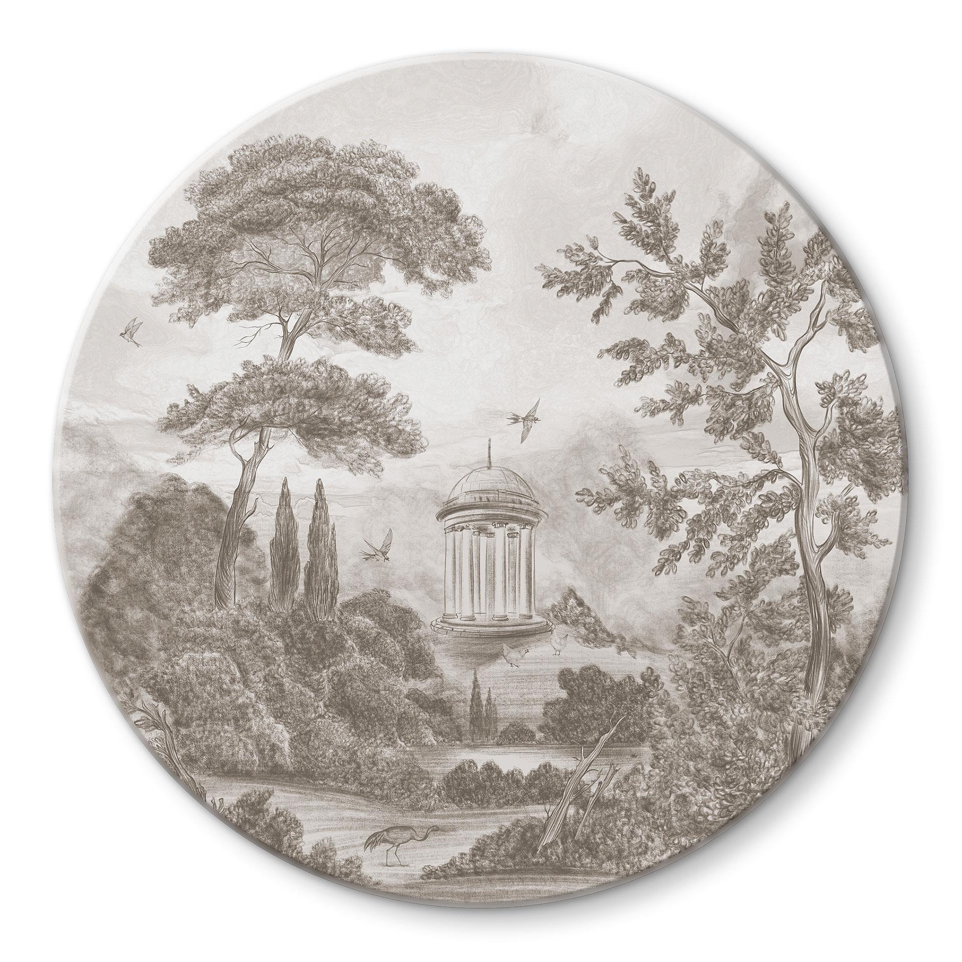 Glasbild Landschaft mit Gartenlandschaft in Beige - Ms Tiff - Rund