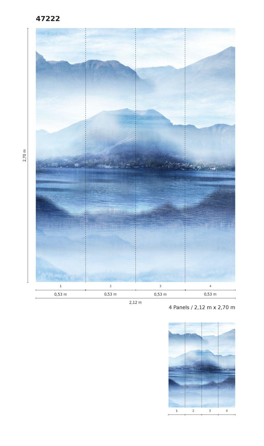 Behang Fotobehang met mistige vallei aan meer Blauw, Grijs, Illustratie 2.70 x 2.12 m