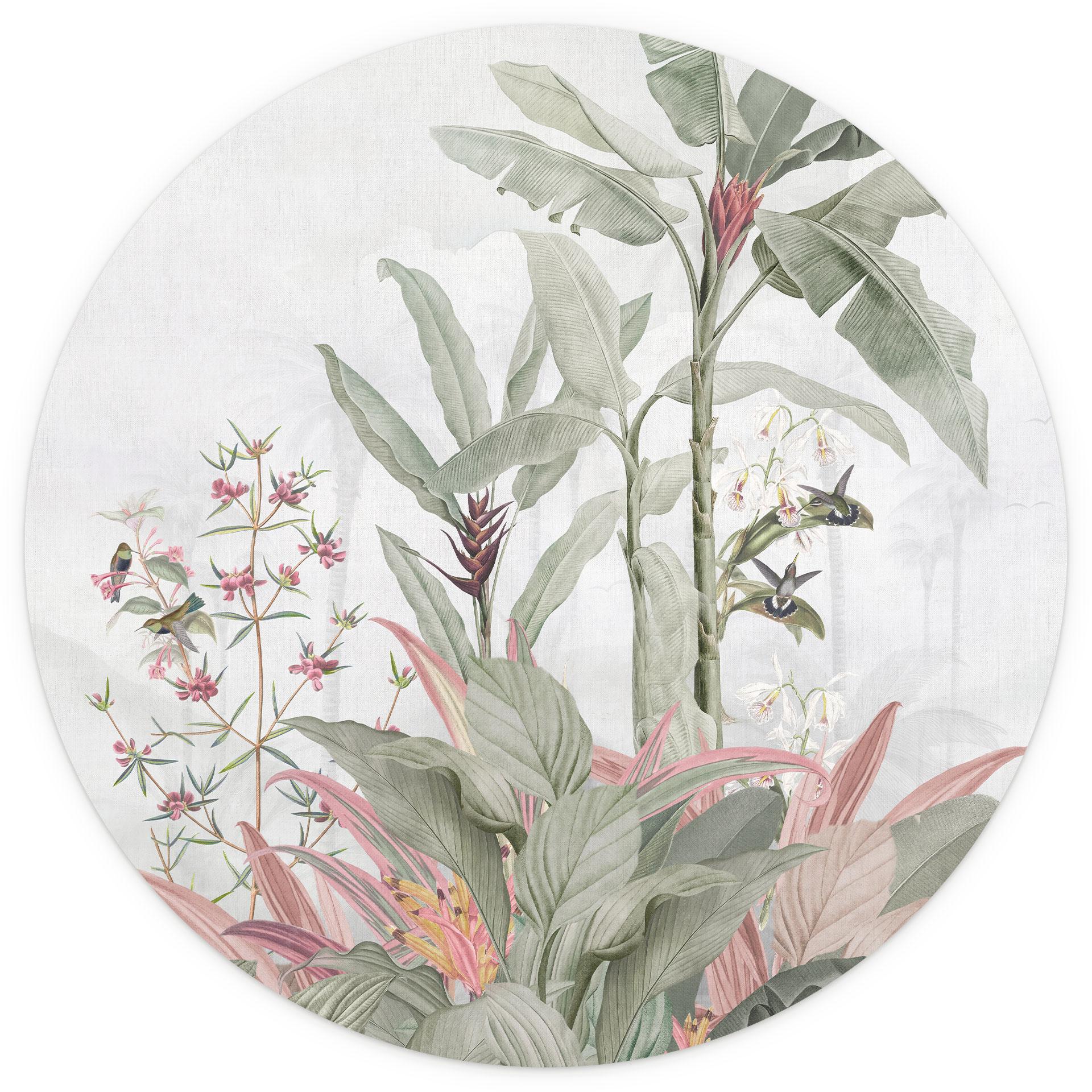 Jungle Fotobehang Tropische idylle met kolibrie blauw - Bloemdecor - Rond - zelfklevend/niet-geweven