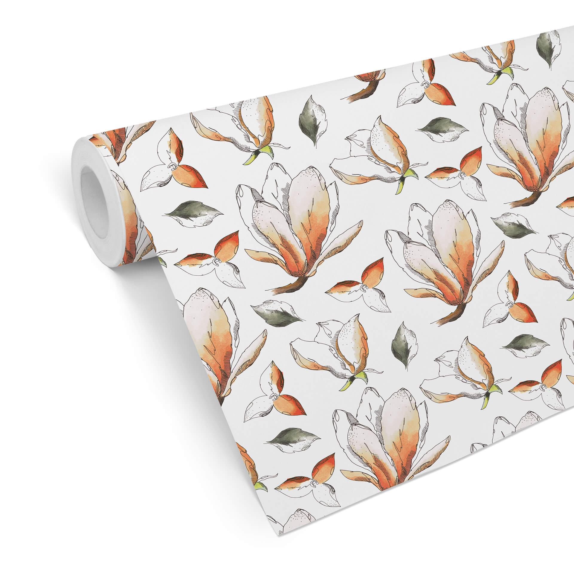 Tapet med mønster - illustrerede blomster - orange