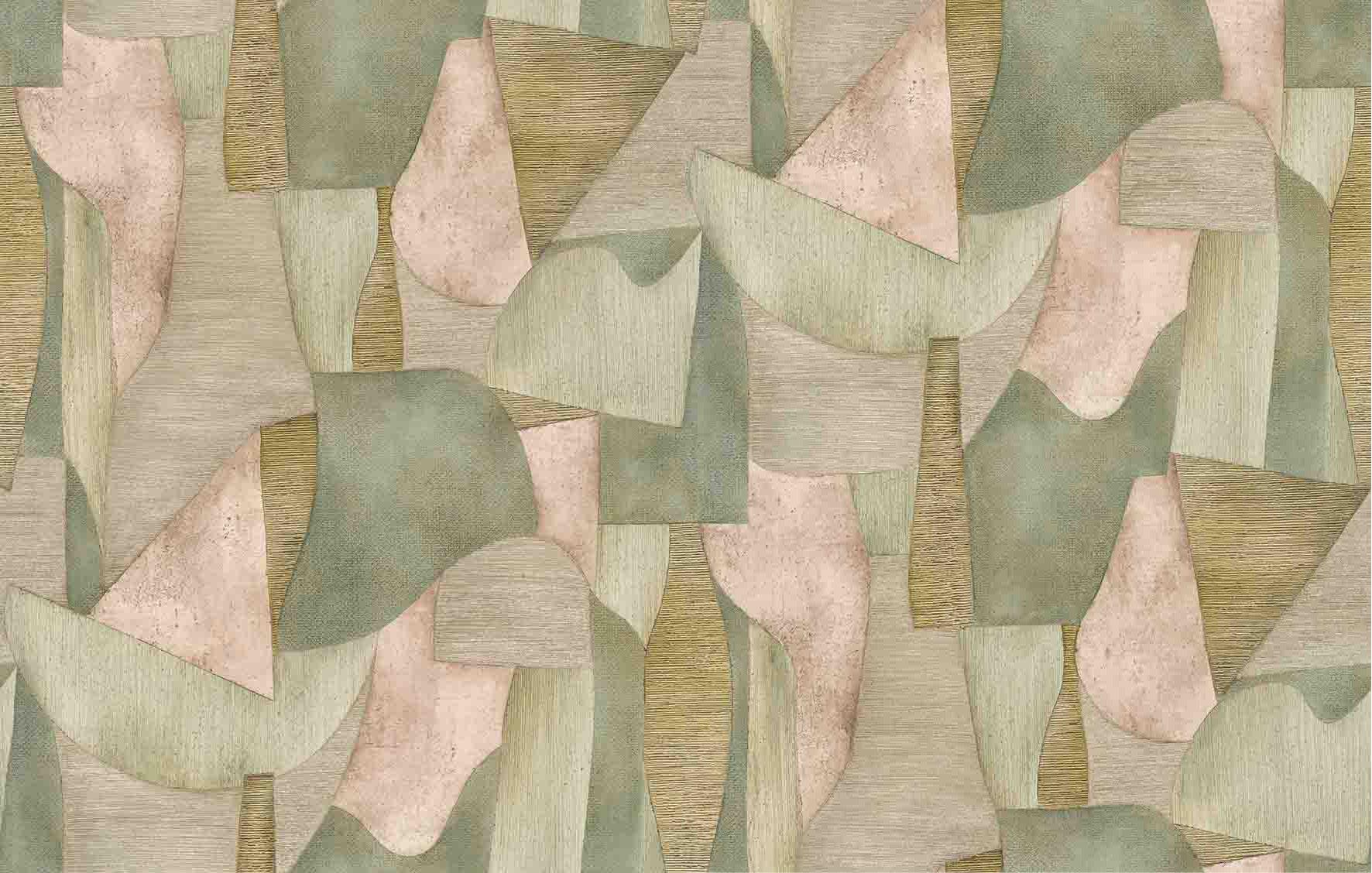 Fototapet med motiv Abstrakte former i salviegrøn og beige med linned 2,7 x 4,24 m
