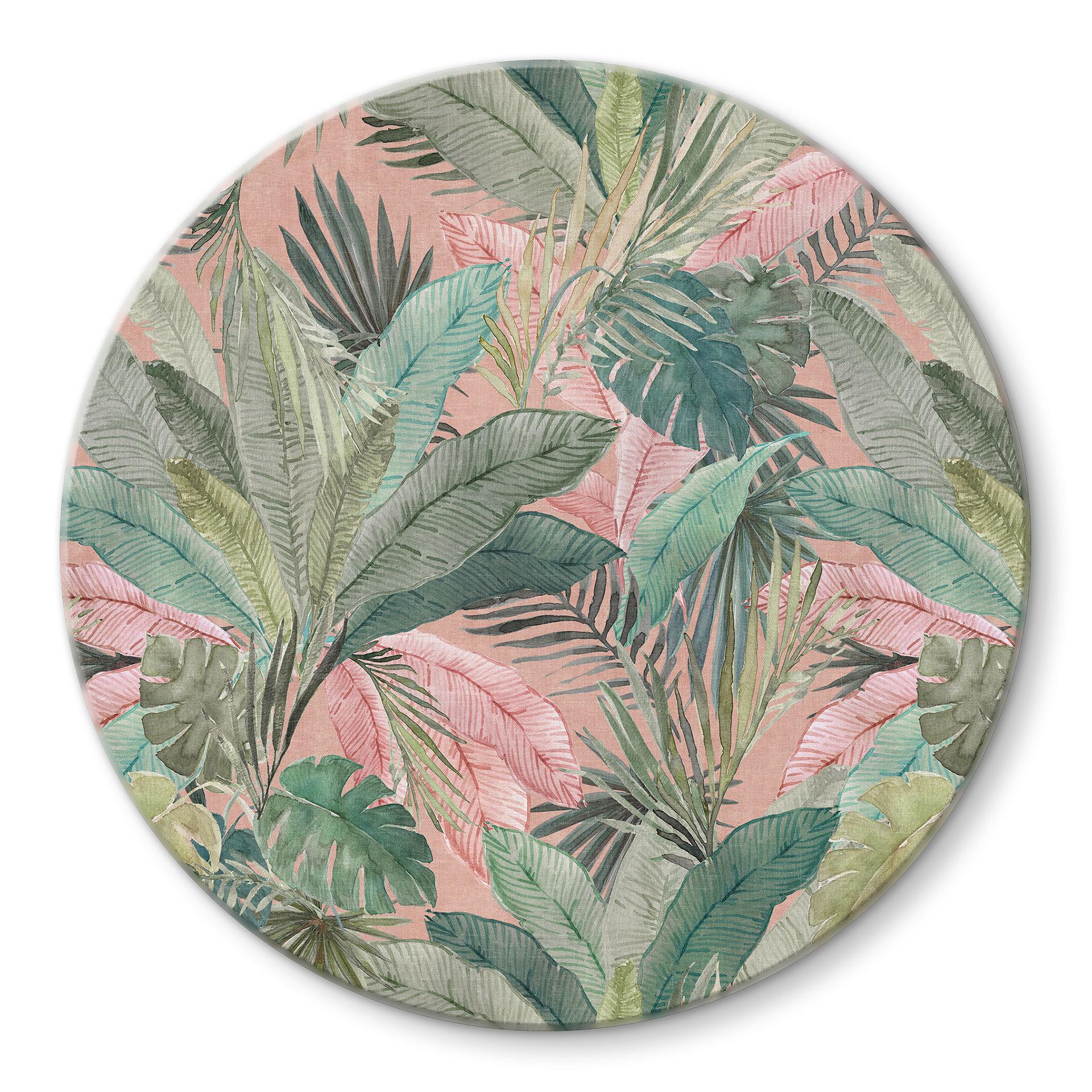 Glasbillede - Tropiske blade i junglen pink - Bloomery Decor - Round