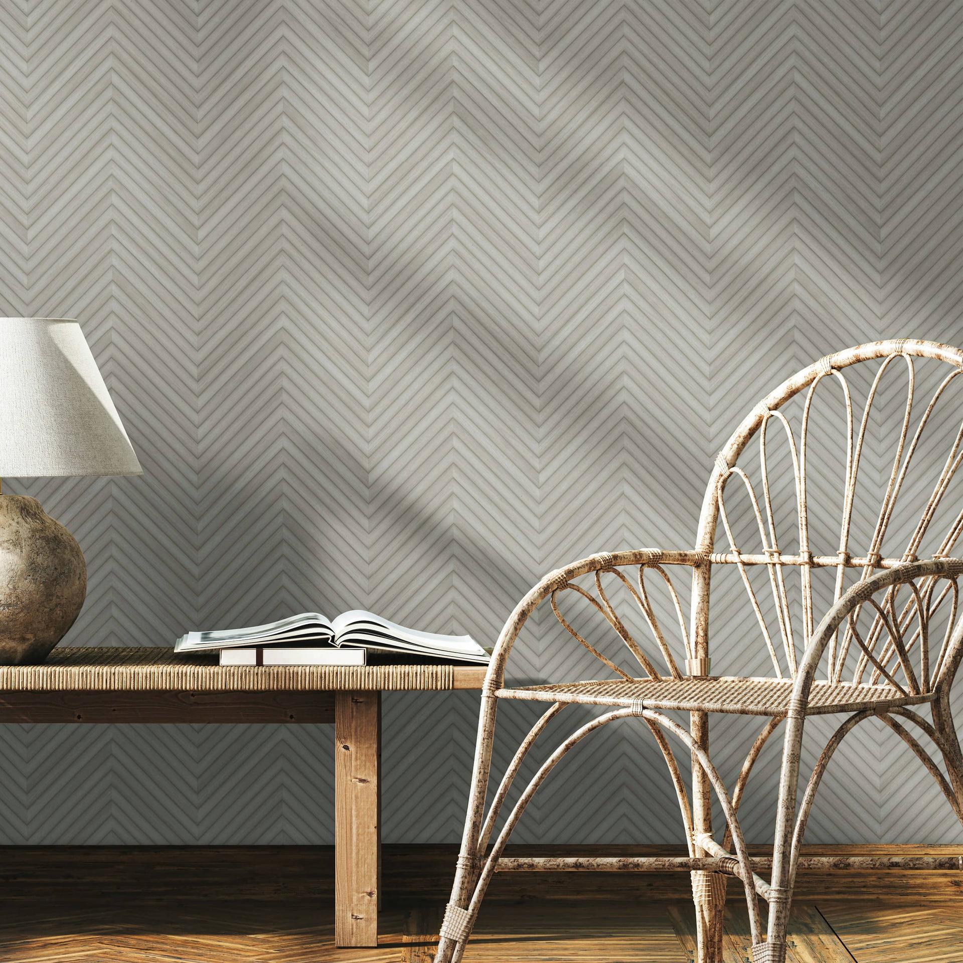 Non-woven tapet med sildebensmønster og woodgrain-look grå woodgrain
