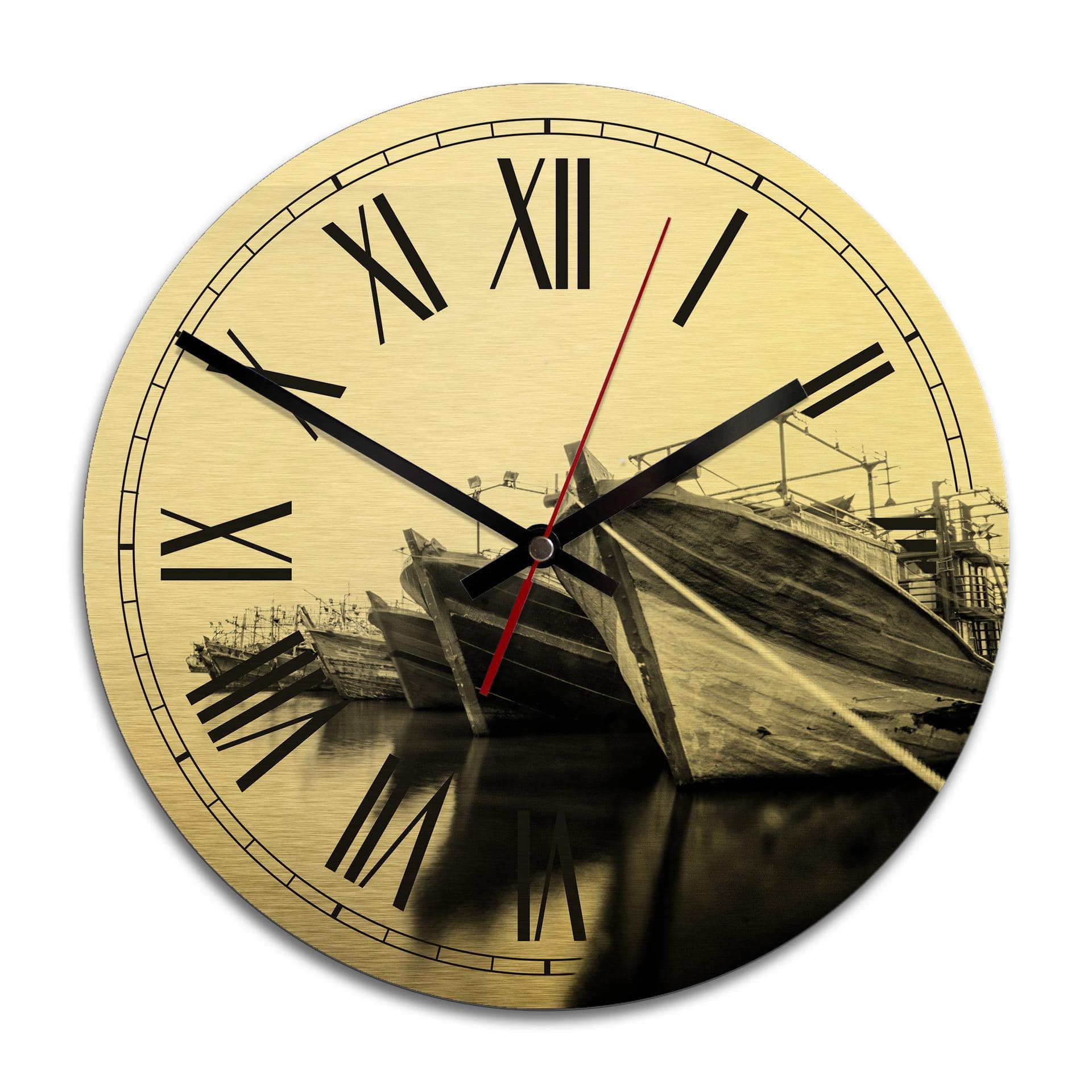 Wanduhr Alu-Dibond-Goldeffekt - Leinen los - Ø 28 cm