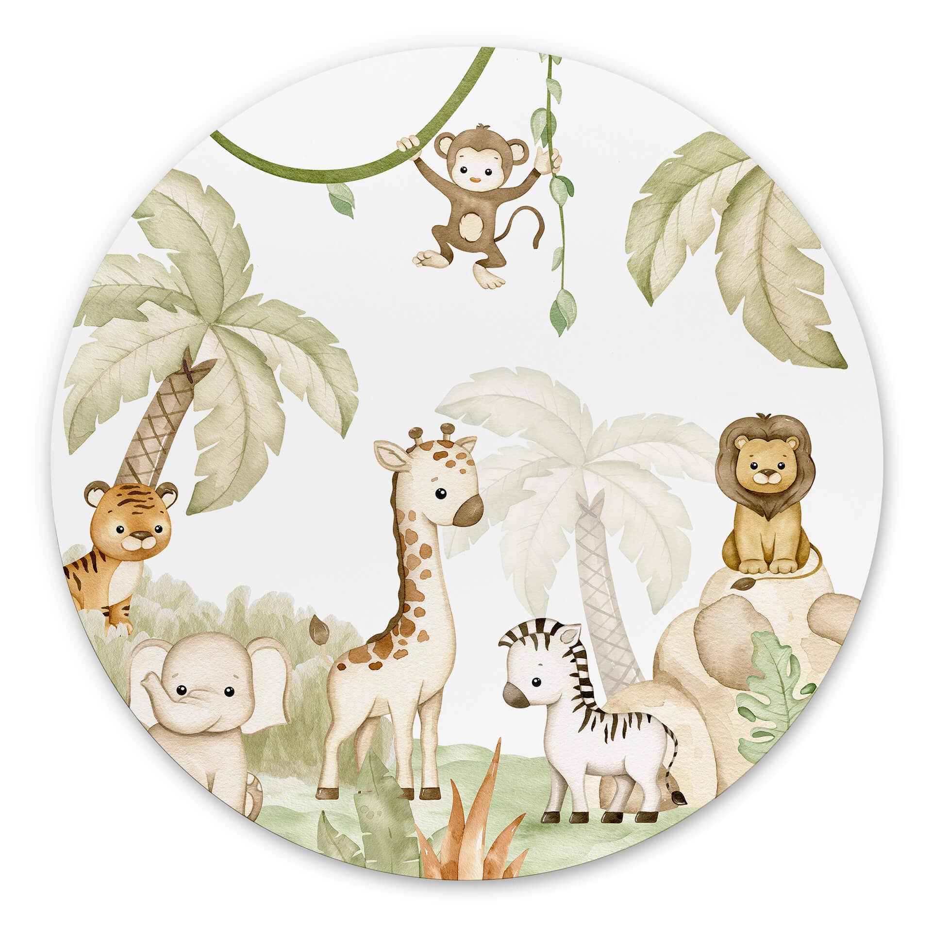 Vægcirkel Oliver Robins - Animals and Palm Trees – print på aluminium (Alu-Dibond)