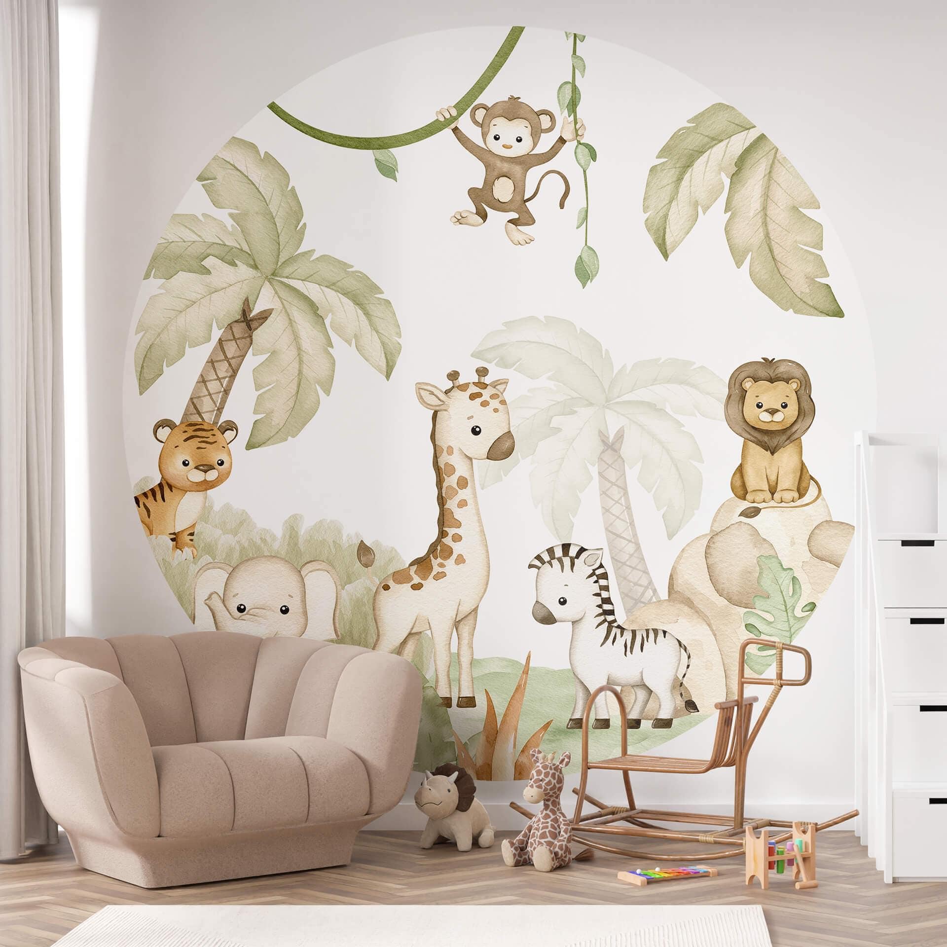 Tapet cirkel Oliver Robins - Animals and Palm Trees - vliesetapet/selvklæbende non-woven tapet