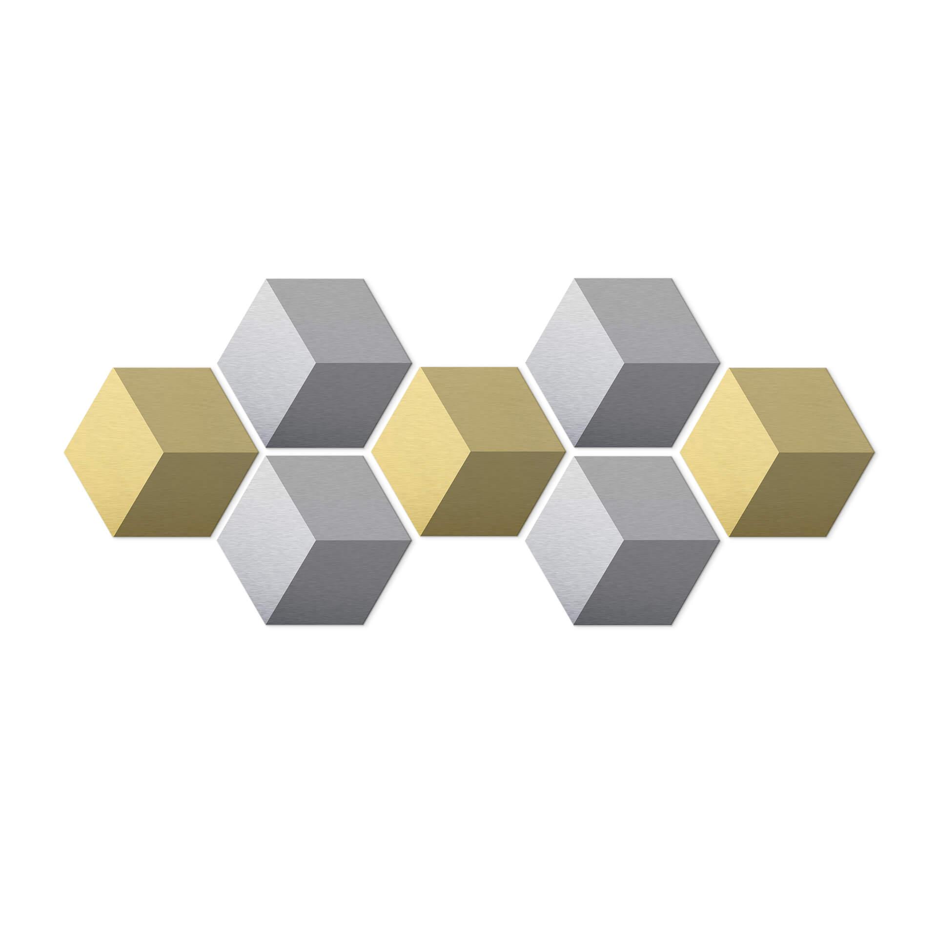 3D Hexagon Alu-Dibond sæt - Sølv og guld (sæt med 7)
