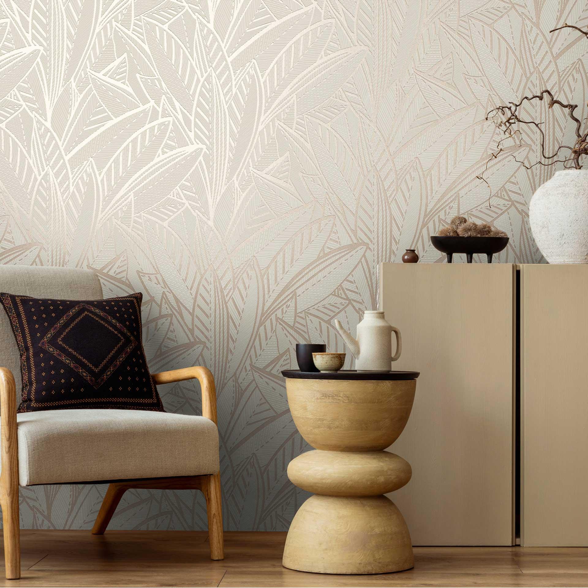 Jungle tapet med bladmønster creme beige - moderne Ikke-vævet tapet diskret & elegant