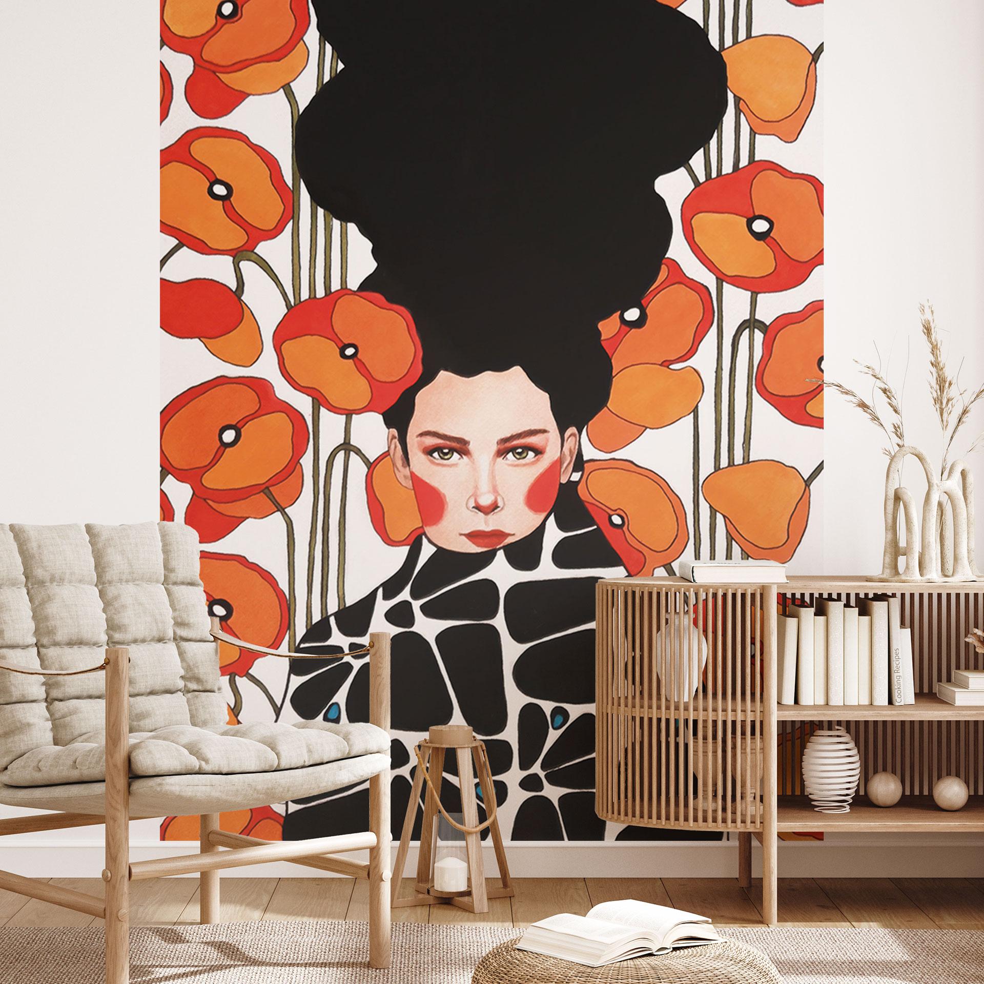 Fototapet kvinde med retro valmueblomster - Hülya