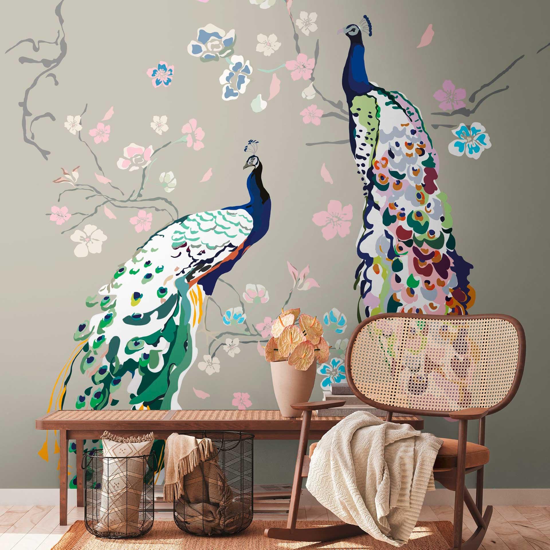 blomstertapet farverig grå - non-woven tapet designer natur - blomstertapet påfugl