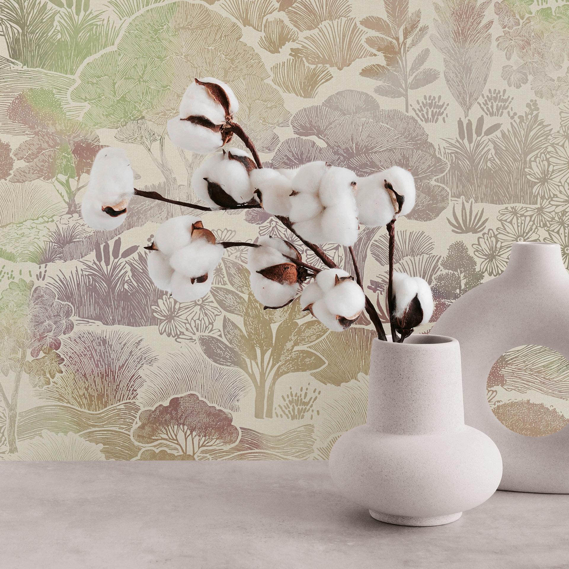 Landskabstapet pastel beige grøn - Ikke-vævet tapet botaniske illustrationer