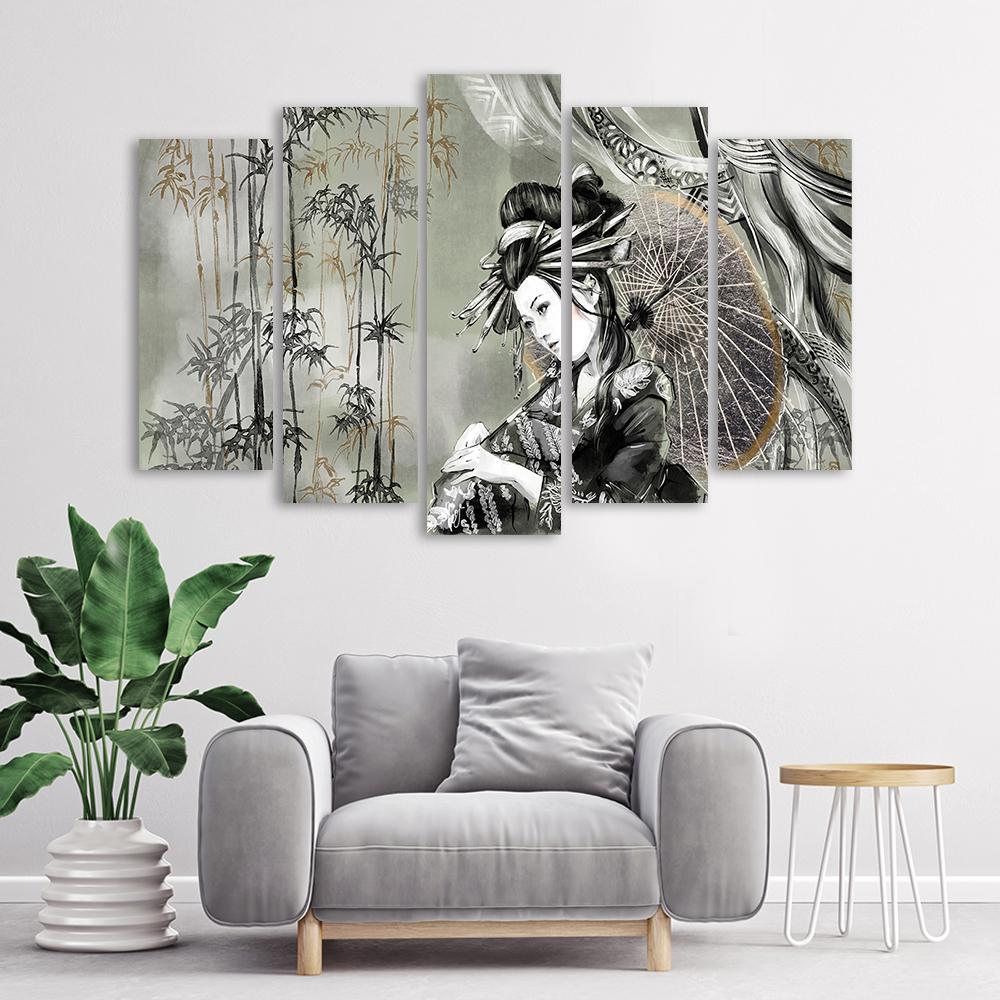 Lærred print 5 dele, geisha og bambus