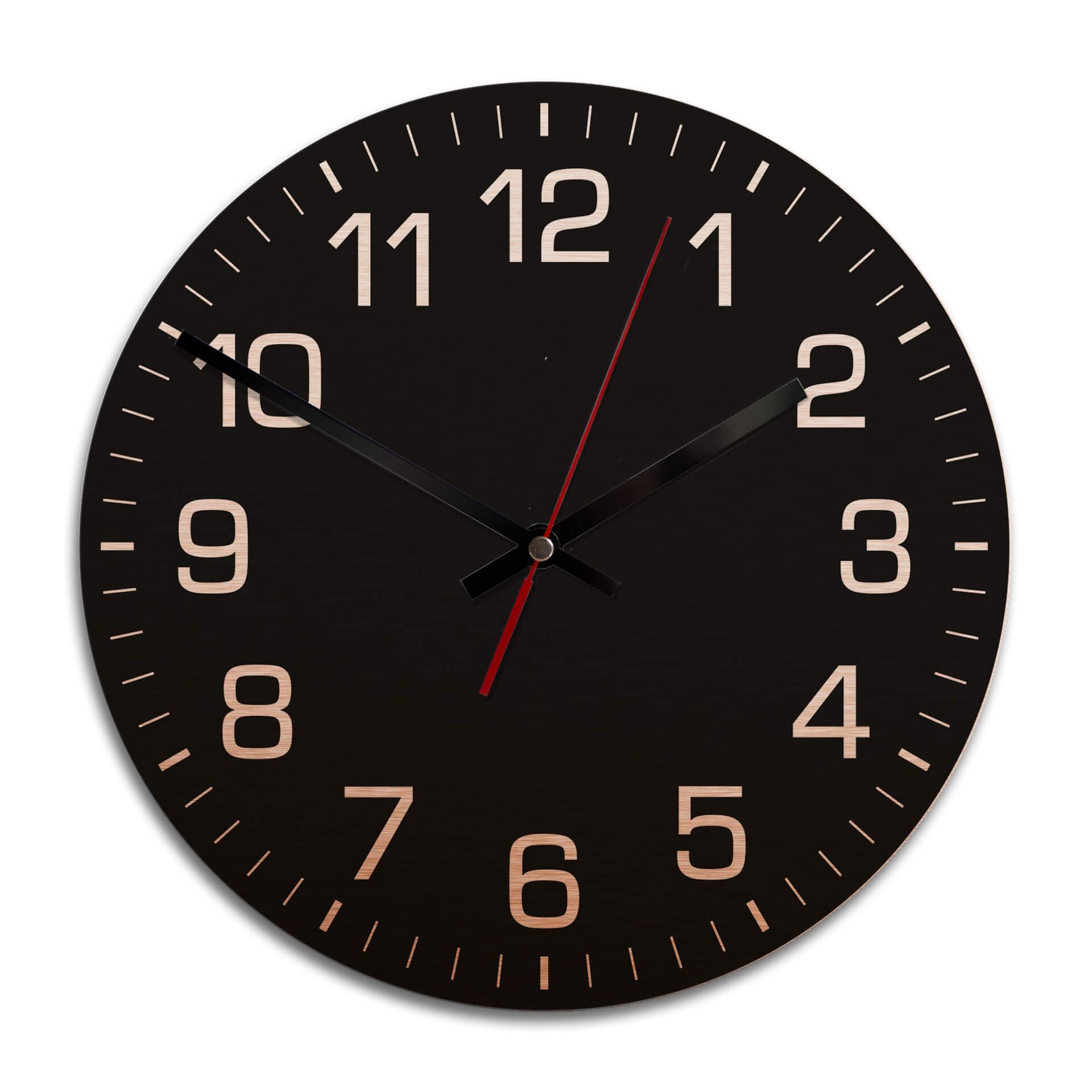 Wanduhr Alu Dibond Kupfereffekt - Klassisch mit Minutenanzeige - negativ -Ø 28 cm