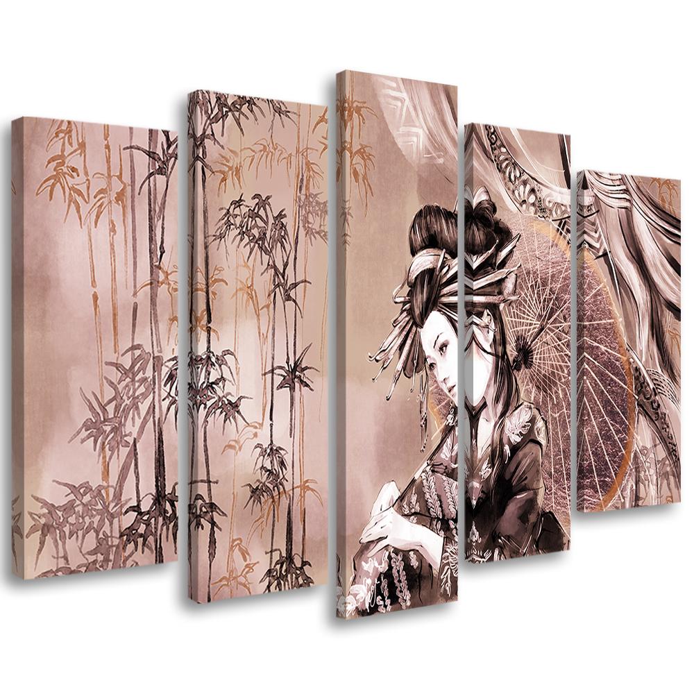 Lærred print 5 dele, geisha og bambus