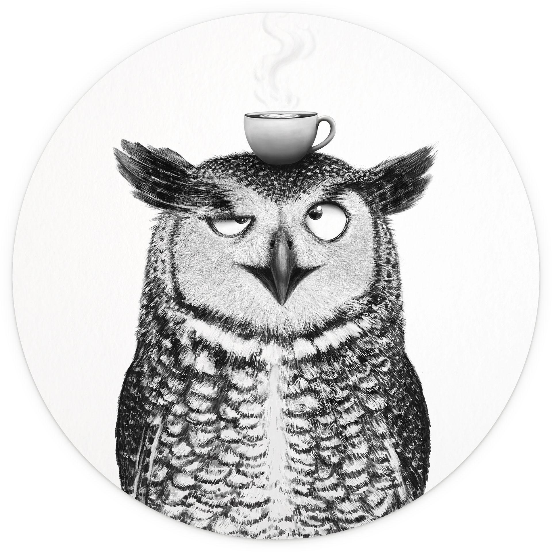 Fotobehang Grappige Uil met Koffie - Korenkova - Rond