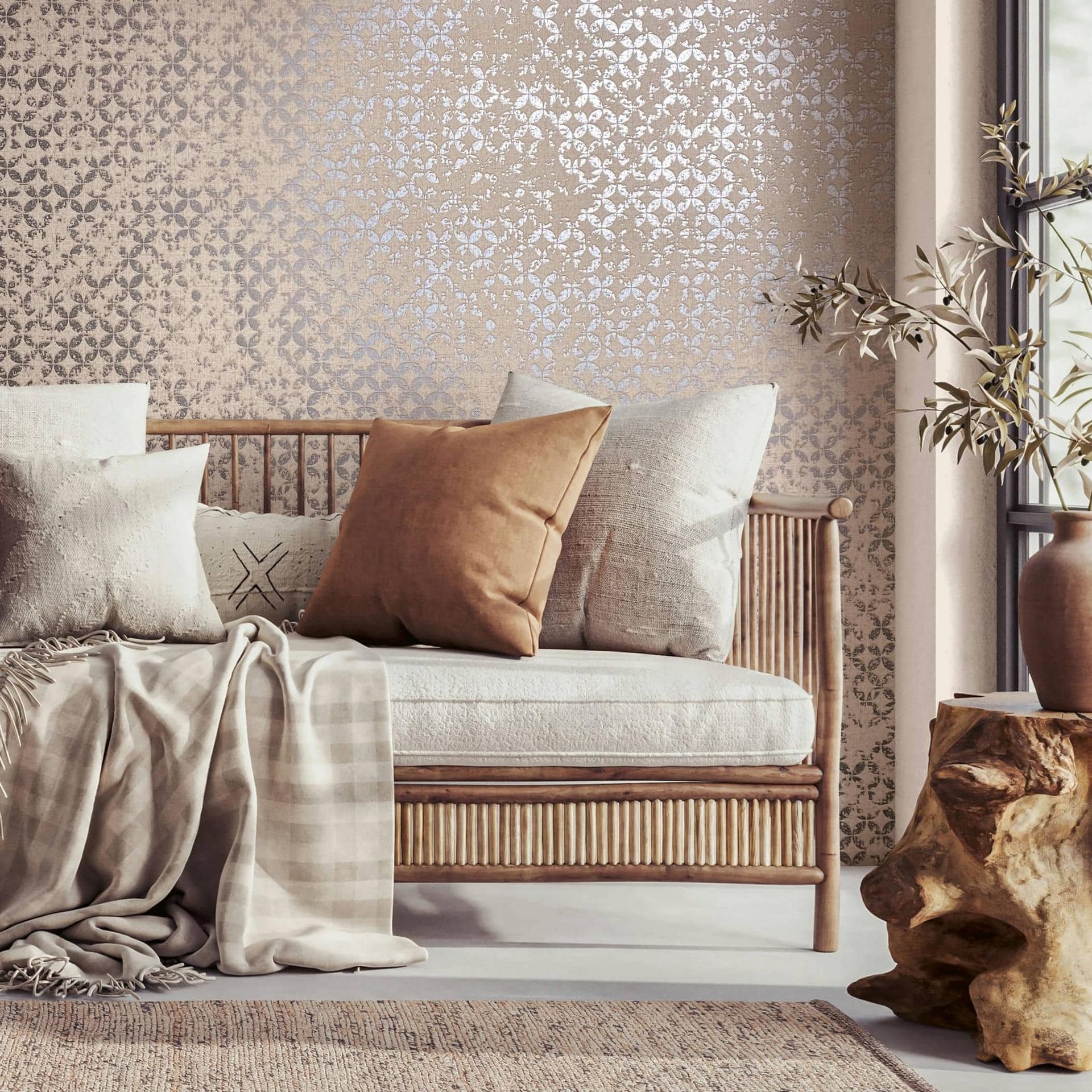 Ikke-vævet tapet med stjerner i ornamental stil, beige grafik