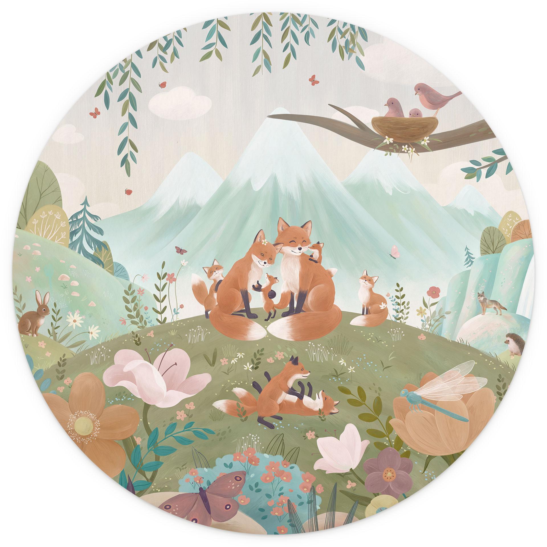 Rond Kinderfotobehang Vossenfamilie op de Bloemenweide - Oliver Robins